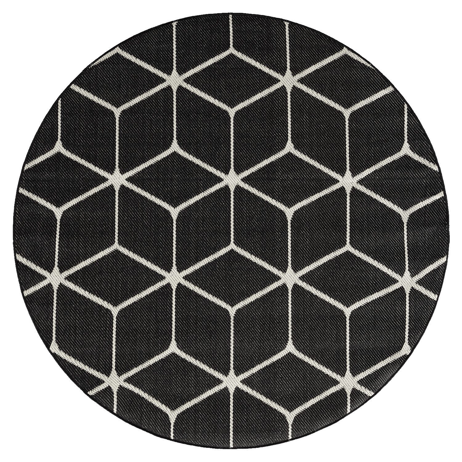 Vimoda Outdoorteppich In- & Outdoor Teppich Bienenstock Optik Raute Muster, für Balkon Küche, Rund, Höhe: 5 mm, Robuster Flachgewebe Läufer Outdoor in Creme & Schwarz