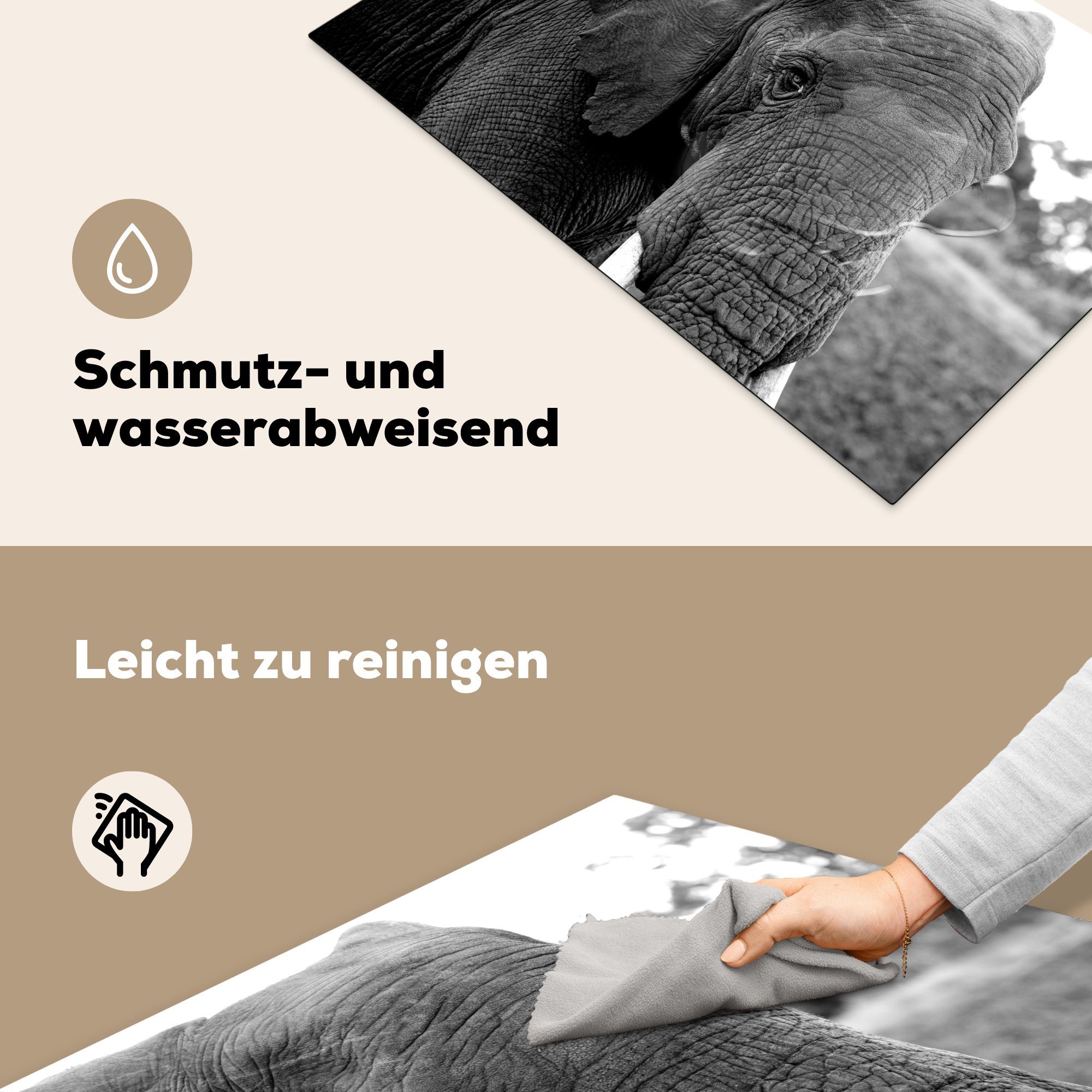 MuchoWow Herdblende-/Abdeckplatte Elefant 81x52 - die Tiere Weiß Schwarz tlg), - - Ceranfeldabdeckung cm, Vinyl, (1 - für Induktionskochfeld Natur, küche, Schutz
