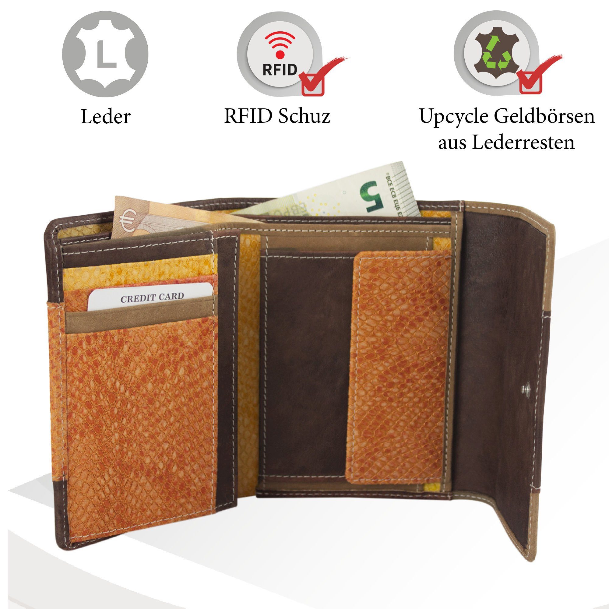 Sunsa Geldbörse echt große aus Unisex Geldbörse Geldbeutel Leder, Lederresten, braun Portemonnaie mit RFID-Schutz, Damen echt Leder recycelten Brieftasche