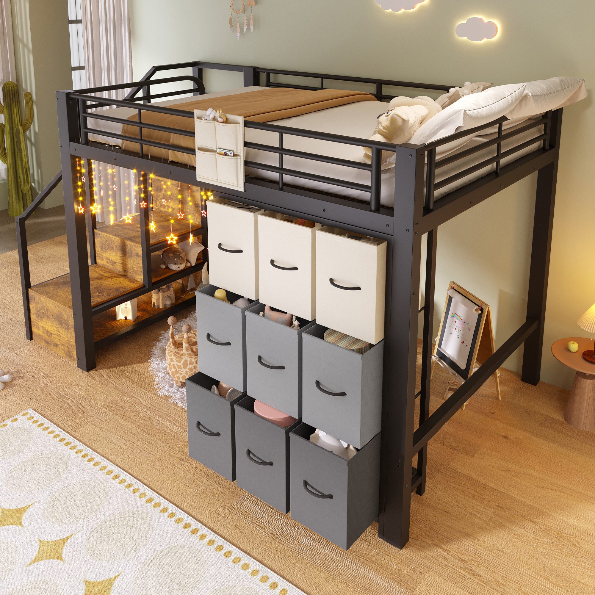 Flieks Hochbett Metallbett Kinderbett 140×200cm mit Kommode und Stauraumtreppe