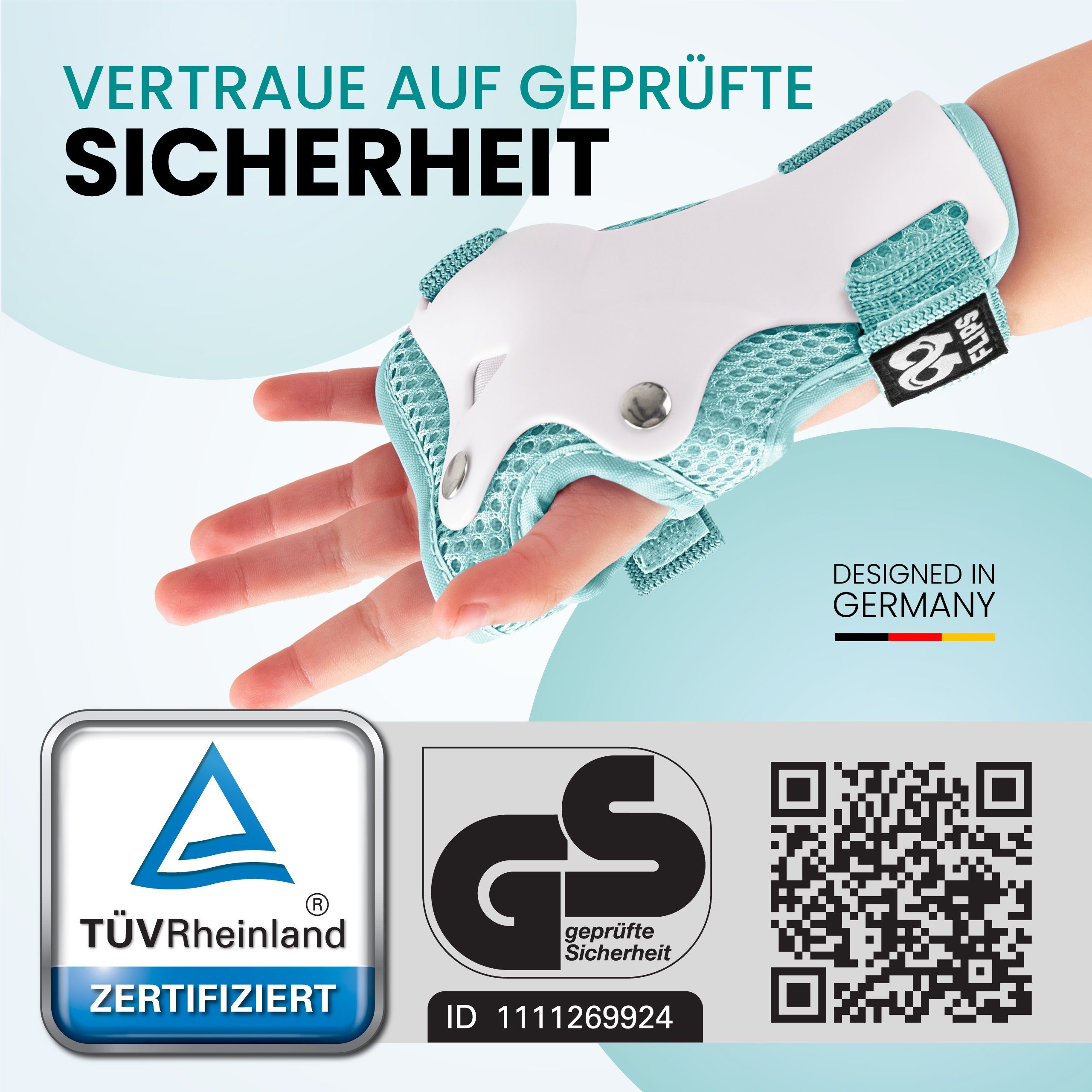 99FLIPS Protektoren-Set Schoner Inliner skates Kinder Set Skateboard Protektoren Schützer (Knieschoner Kinder Schutzausrüstung für Rollschuhe & Skateboard, 6-tlg., Knieschützer, Ellenbogen Schützer & Handschützer inkl. Tasche), Schlittschuhe Schoner Geschenke für Kinder