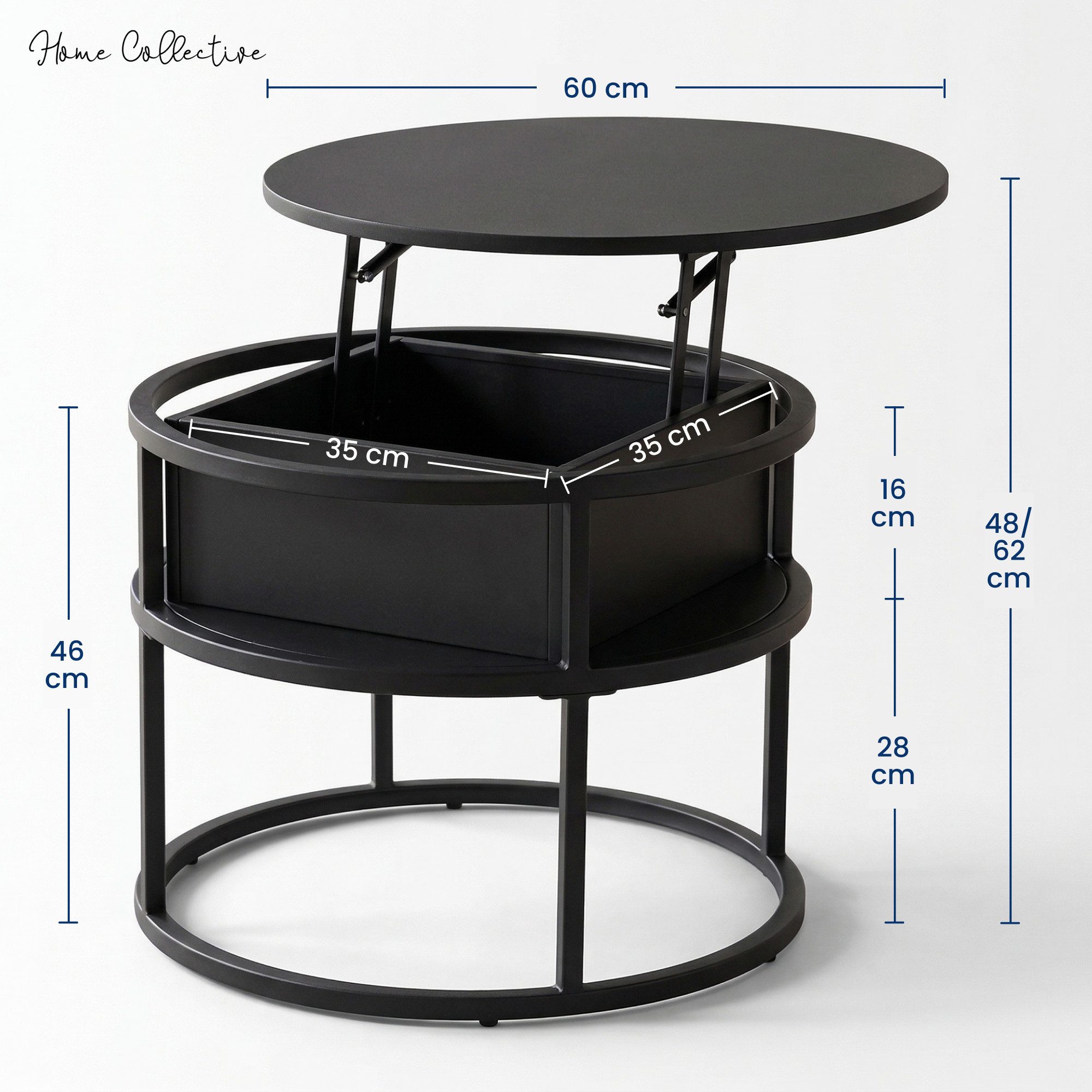 Home Collective Couchtisch Beistelltisch rund 60cm Wohnzimmertisch höhenverstellbar mit Stauraum (ideal als Büro Ablagetisch oder als Wohnzimmer Deko), hochwertiges Design mit Metallgestell, mit integriertem Fach, schwarz