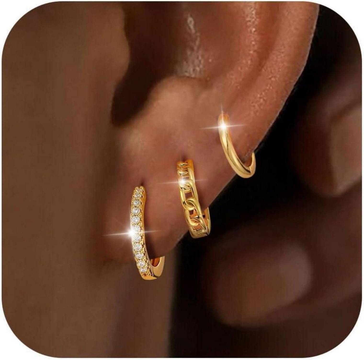 Schmuckset 3 Paar Creolen Silber 925/Gold 14K Vergoldet Damen Ohrringe Set