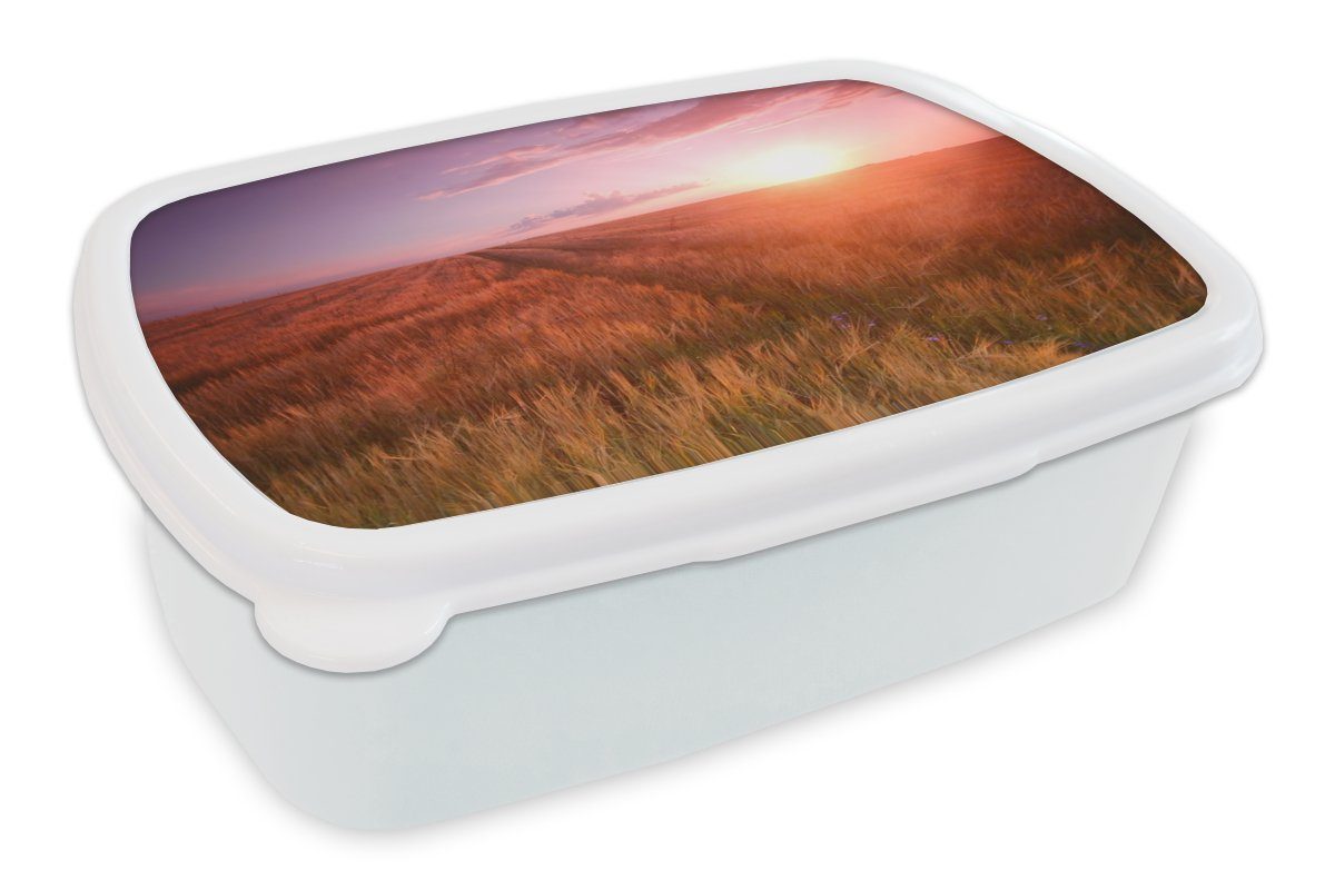 MuchoWow Lunchbox Wiese - Sonne - Abend - Landschaft, Kunststoff, (2-tlg), Brotbox für Kinder und Erwachsene, Brotdose, für Jungs und Mädchen weiß