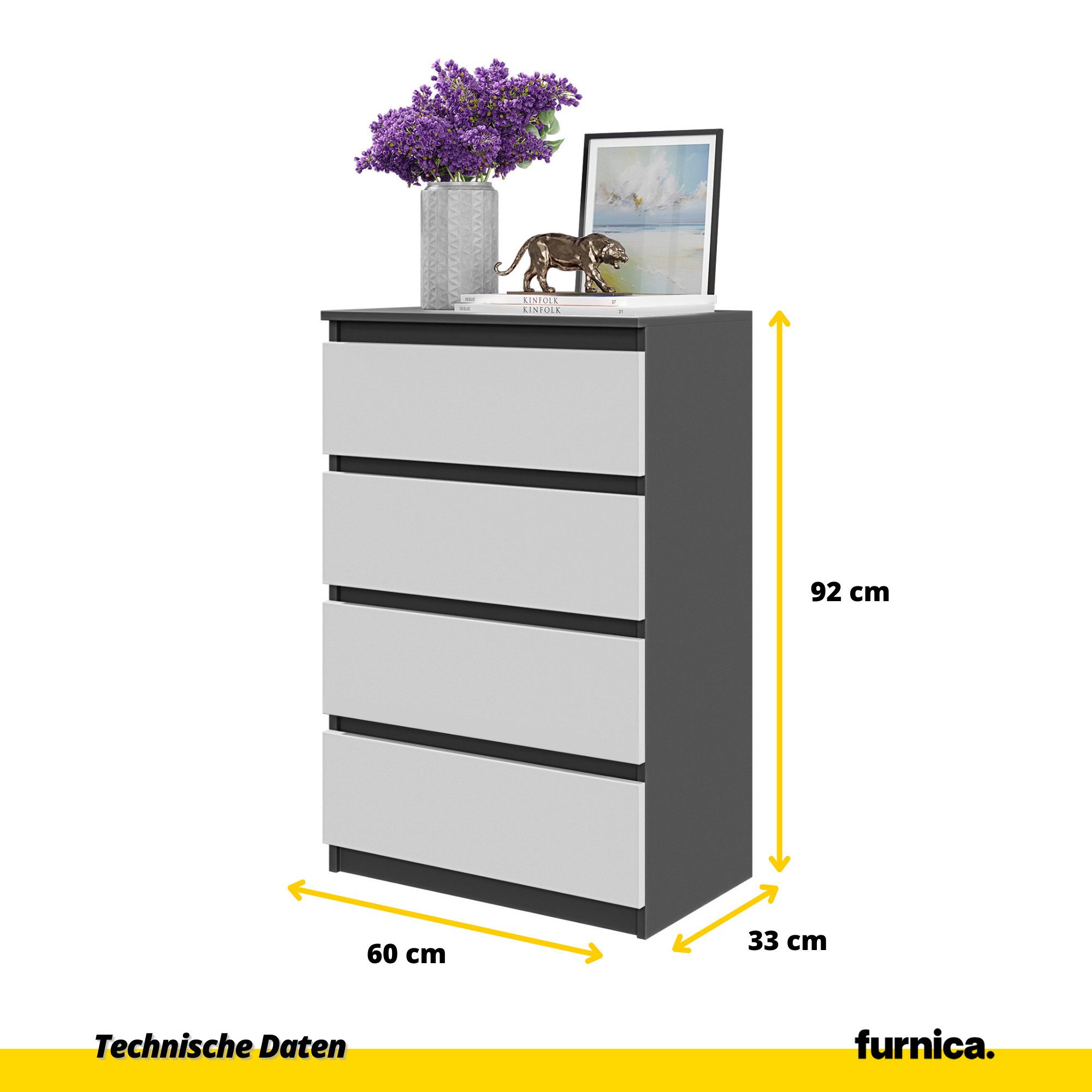 Furnica Kommode GABRIEL 4 Schubladen - Anthrazit Grau H92cm B60cm T33cm