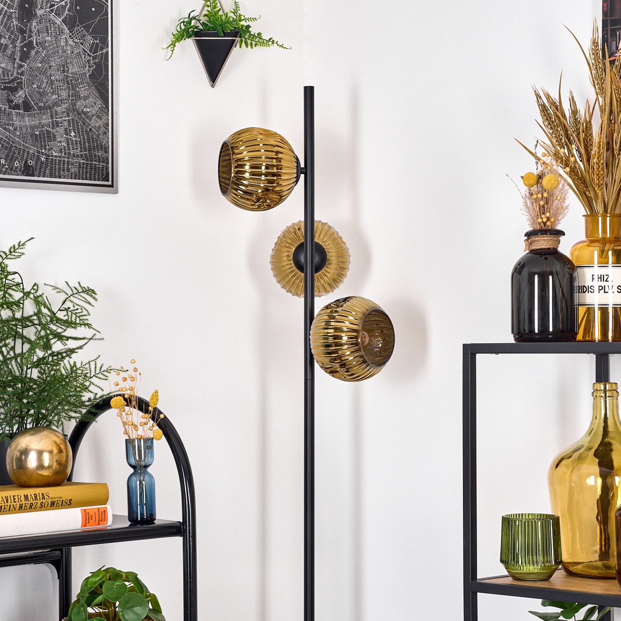 hofstein Stehlampe Stehlampe aus Metall/Riffelglas in Schwarz/Gold, moderne Leuchte im Retro/Vintage-Design (15 cm), Fußschalter, E14