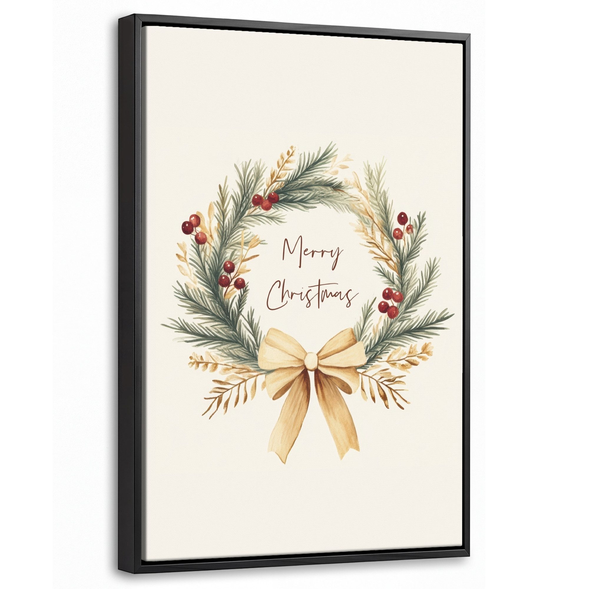 OneMillionCanvasses® Leinwandbild mit Rahmen - Weihnachtskranz - Weihnachten - Gold - Beige, Fotodruck (1 St), Deko für Wohnzimmer Schlafzimmer Küche 20x30cm