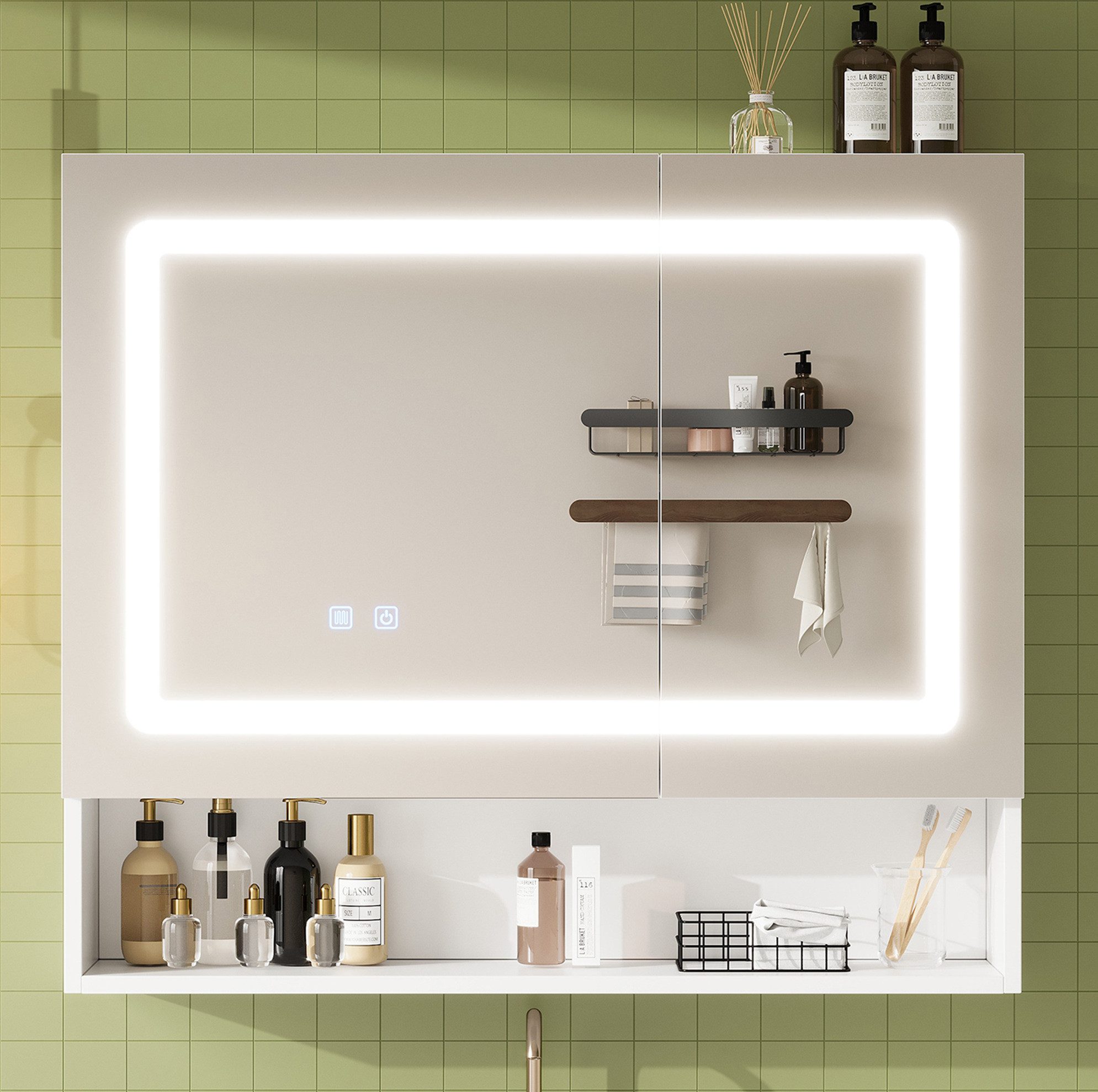 MODFU Spiegelschrank Wandmontierter Spiegelschrank (mit Anti-Beschlag-Funktion, stufenlos dimmbarer LED-Beleuchtung und offener Ablage für mehr Ordnung, 1-St., 80*17*70cm)