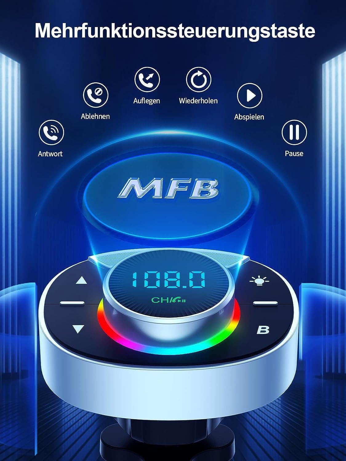 ibettertec Bluetooth 5.3 FM Transmitter für Auto,PD 30W+QC3.0 Schnelllade KFZ-Transmitter FM Transmiter,Starkeres Dual Mic & Bass-Boost,KF2 Bluetooth Freisprechen Mit 8-Farbiger Hintergrundbeleuchtung, Musik-PlayerU-Disk, Übergroßes Mikro, Aux Ausgang & TF Karte,Freisprecheinrichtung