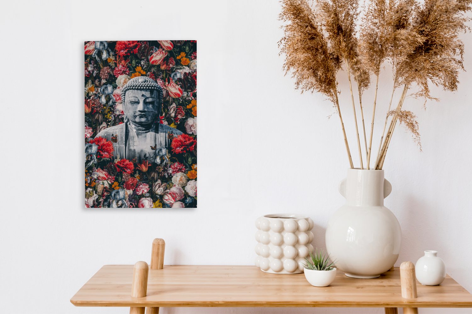 OneMillionCanvasses® Leinwandbild fertig Gemälde, - Buddha - inkl. Zackenaufhänger, St), bespannt Leinwandbild Blumen, cm 20x30 Bild (1