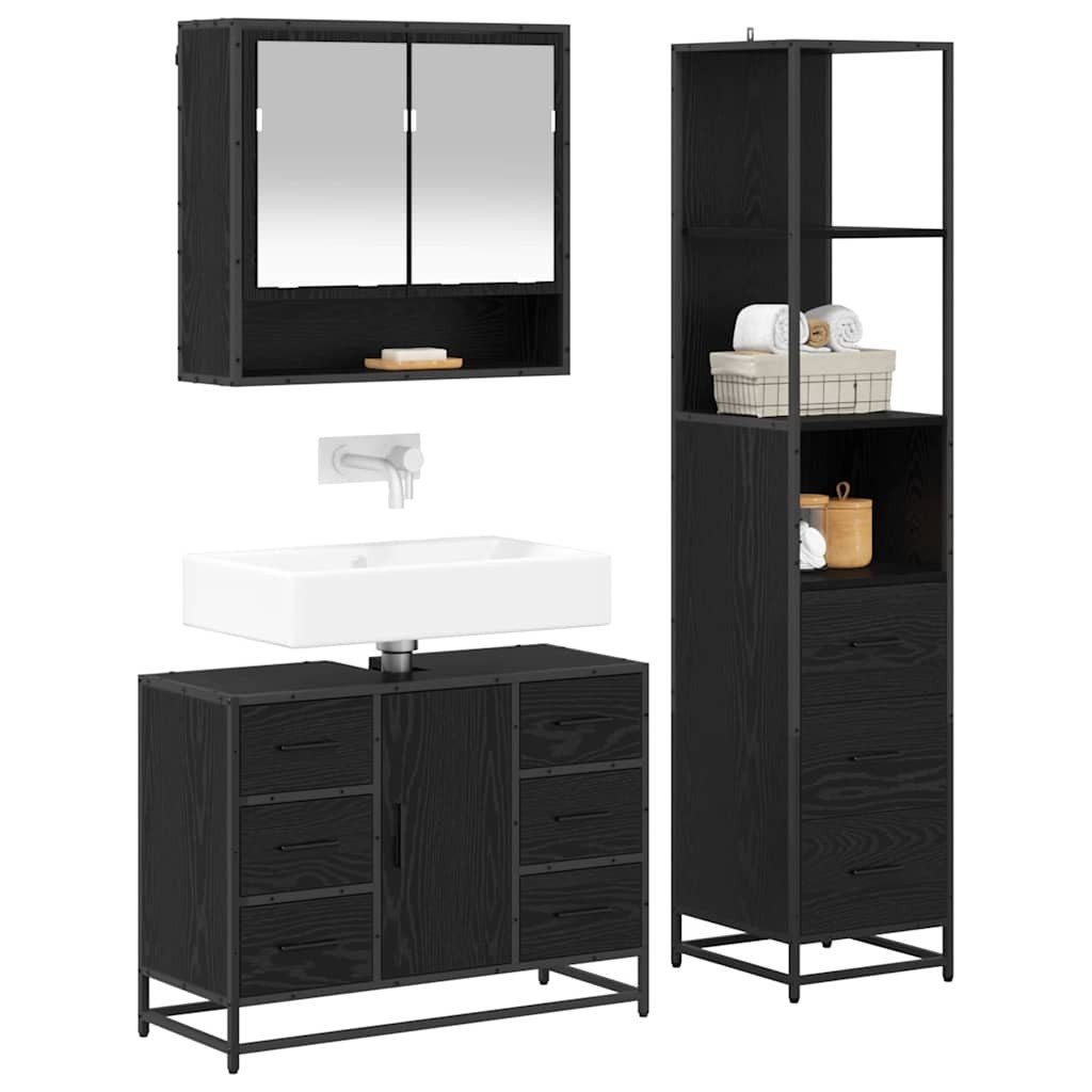 vidaXL Badezimmer-Set Badezimmermöbel-Set 3 stk. Schwarz Eichen-Optik, (3-St) – Bild 3 von 5