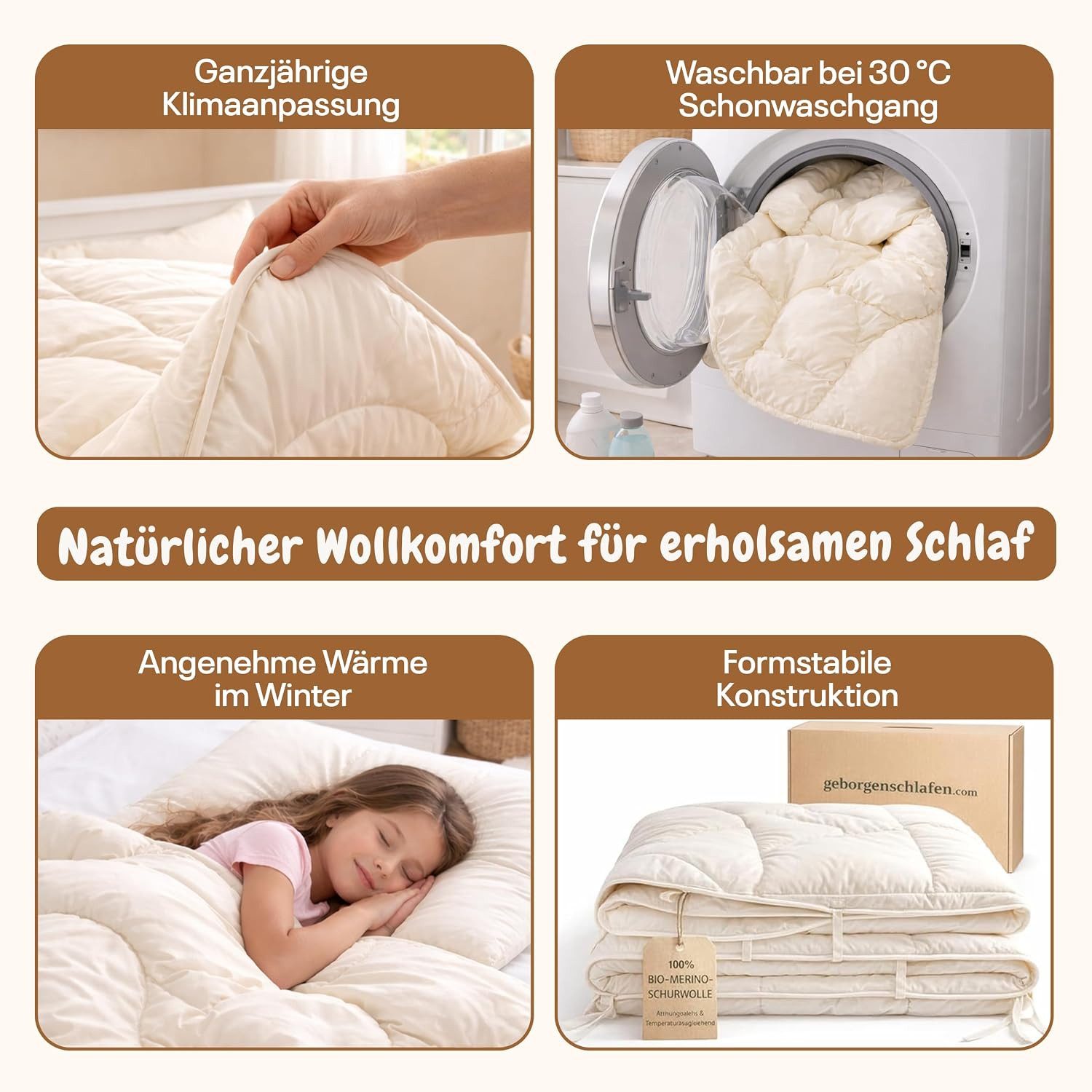 geborgenschlafen Naturhaarbettdecke Ganzjahres-Bettdecke Schafwolle– Wärmeregulierend & atmungsaktiv