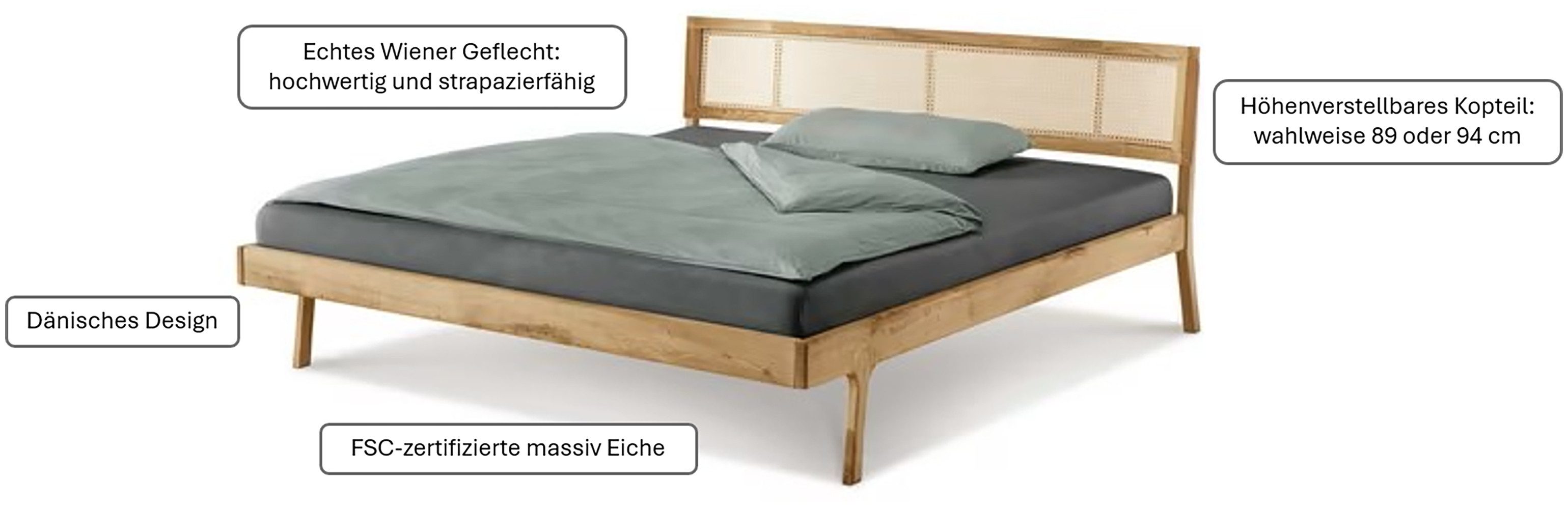 OTTO home Massivholzbett Hällevik, Kopfteil höhenverstellbar, Eiche massiv, mit Wiener Geflecht (mehrere Breiten), skandinavischer Stil, Made in EU, FSC®-zertif – Bild 5 von 5