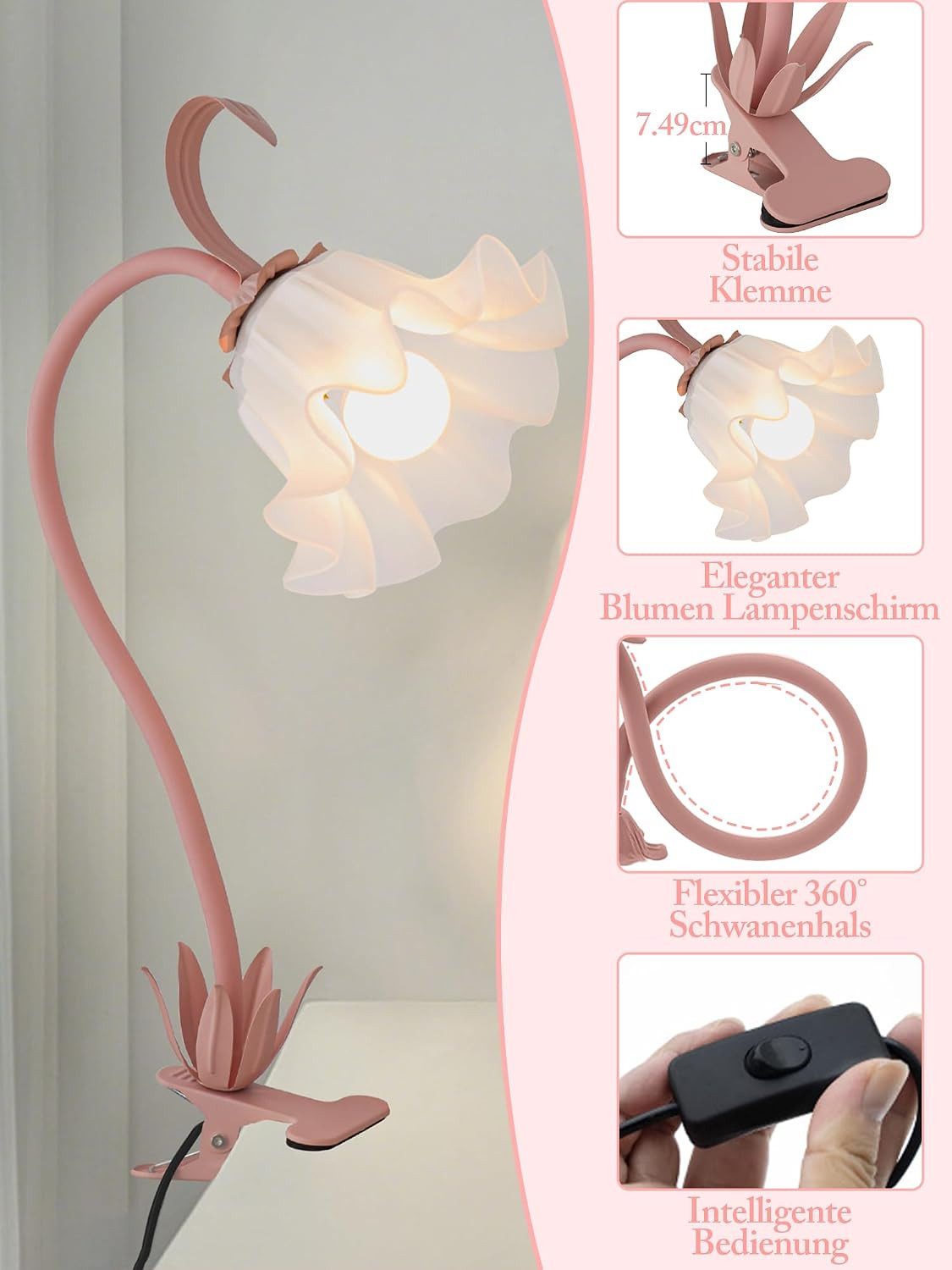 FELIXLEO LED Schreibtischlampe LED Leselampe mit Clip, rosa Blume, USB, Klemmlampe – Bild 4 von 5