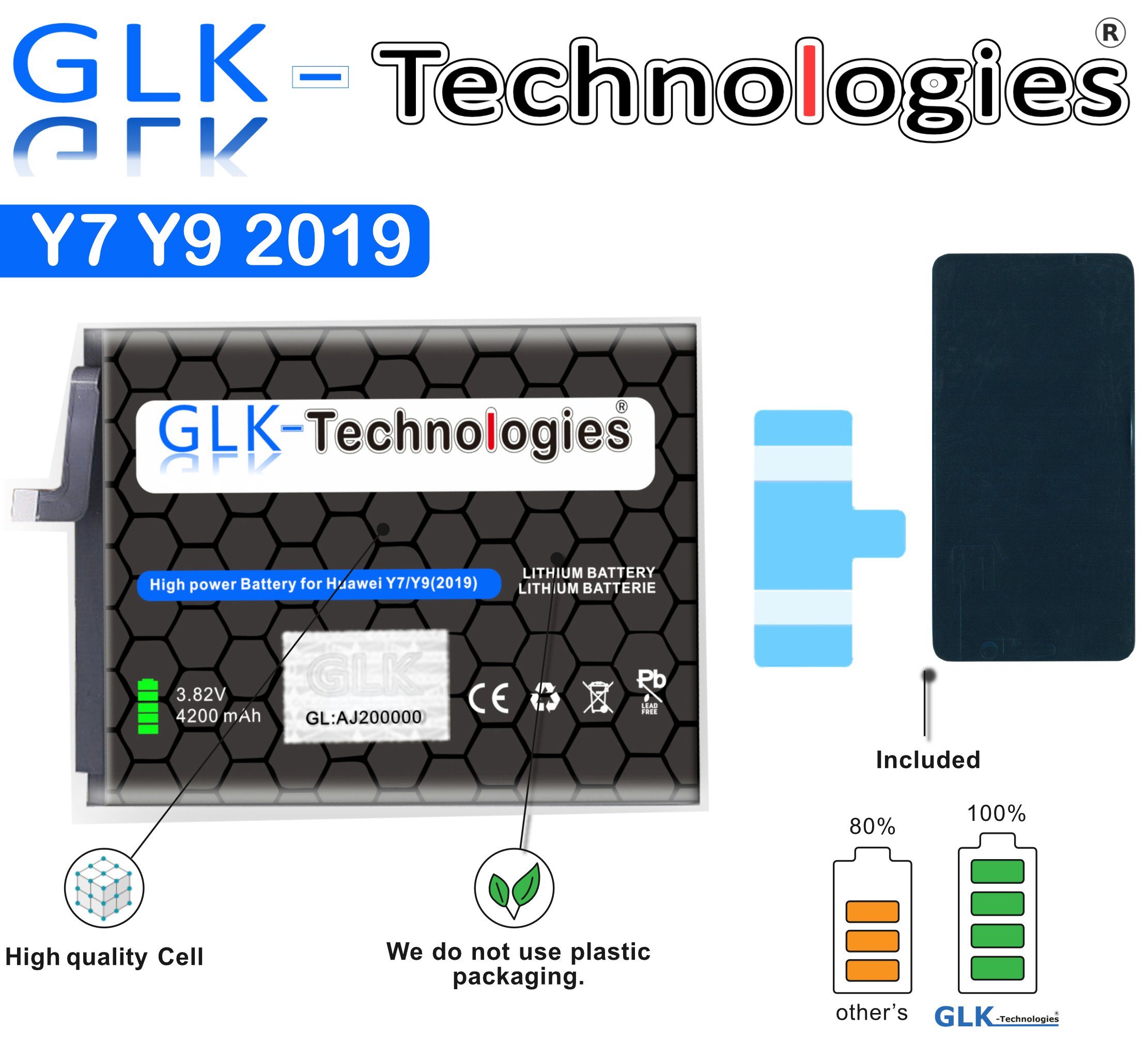 High Smartphone-Akku Power Huawei Prime GLK-Technologies für (2017), (2019), Set (2019) NEU Y7 Pro 4200 mAh Y7 Ohne Y7 Akku