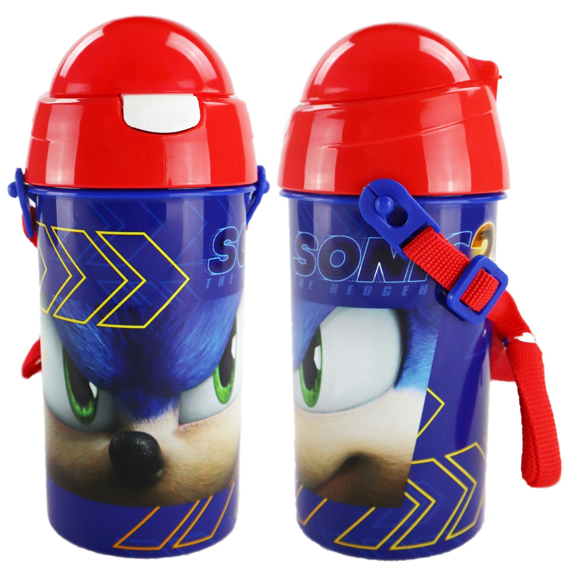 Sonic SEGA Trinkflasche Sonic The Hedgehog Wasserflasche, Flasche mit integriertem Trinkhalm und Tragegurt 500 ml