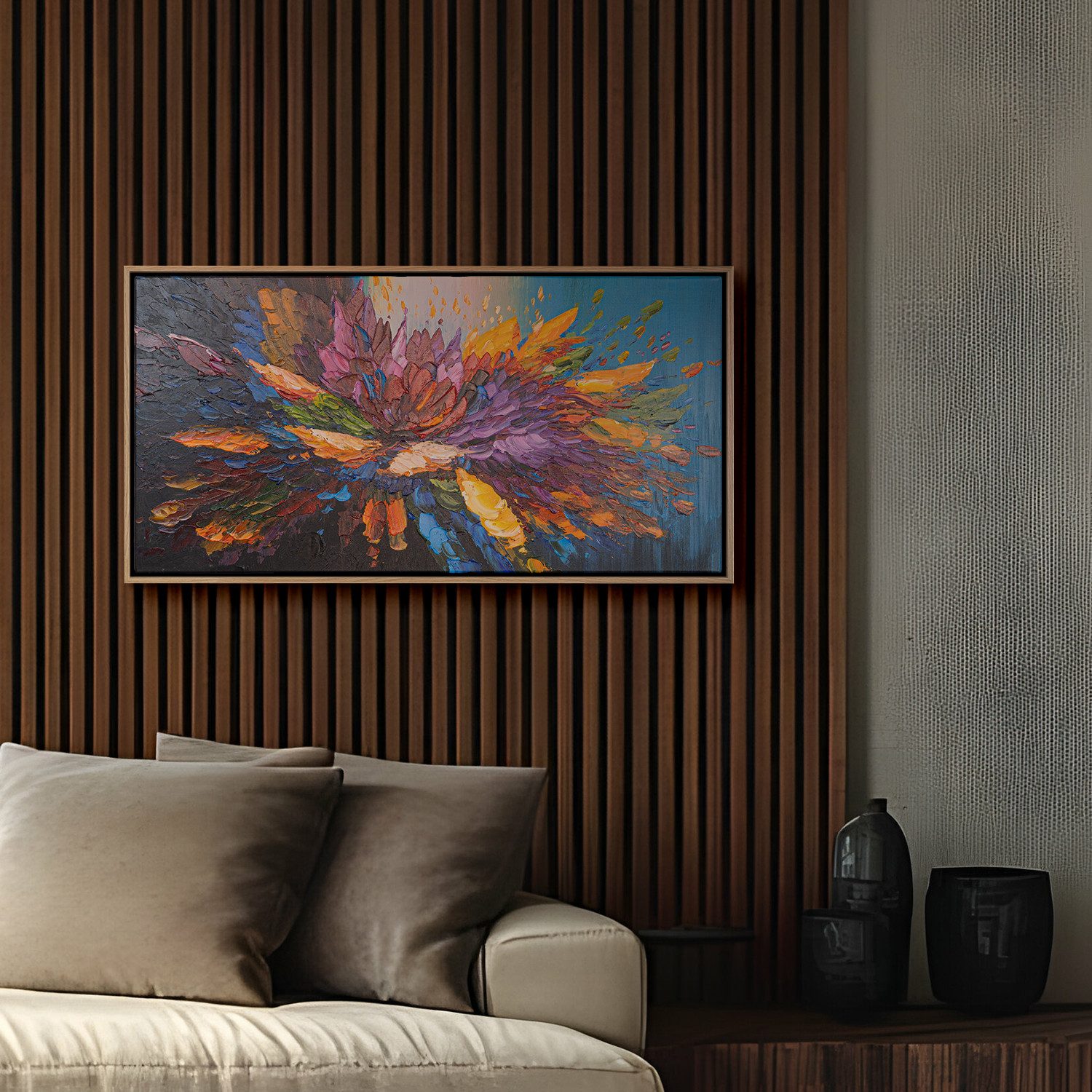 AUREDAS Gemälde "Tanz der Farben", 160x80cm, Gemälde, Rahmen hell, Blüte, Abstrakt, Gemälde mit Strukturpaste und Acrylfarbe, Panorama Format