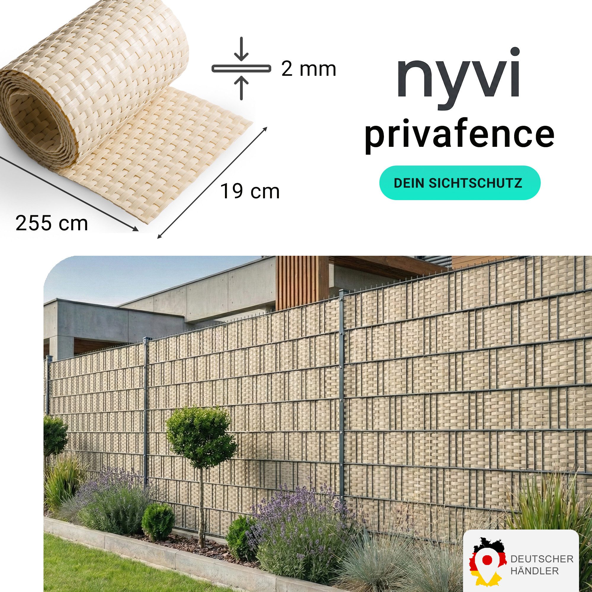 NYVI Sichtschutzstreifen Sichtschutzstreifen Privafence 255x19 cm für Zaun, (1-St), Polyrattan 3D Optik, Wetterfest, Reißfest