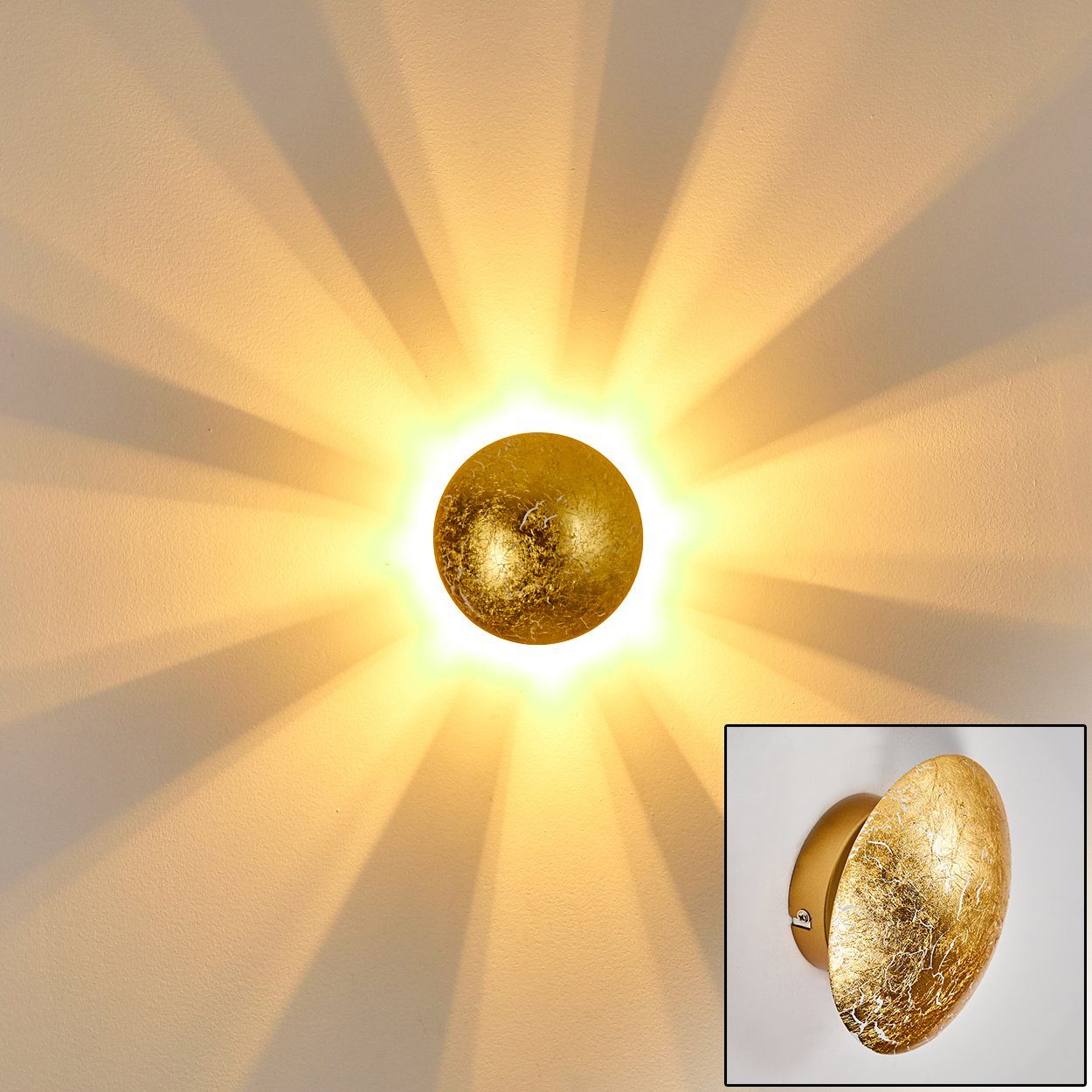 hofstein Wandleuchte »Godo« Wandlampe runde aus Metall in Gold mit Lichtspiel an der Wand, ohne Leuchtmittel, 1xG9, Innen mit Strahlen-Effekt in Blattgold-Optik