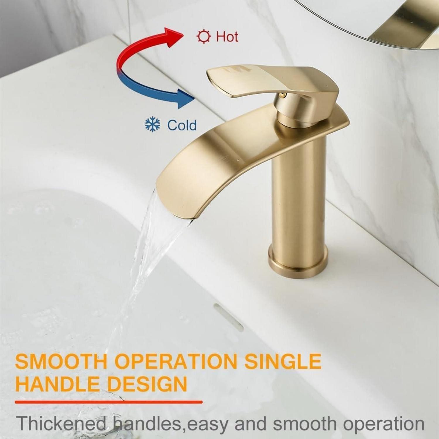 LuxusKollektion Waschtischarmatur Waschtischarmatur Einhebel Wasserfall Gold Kalt Kurz Gebürstetes Gold – Bild 3 von 5