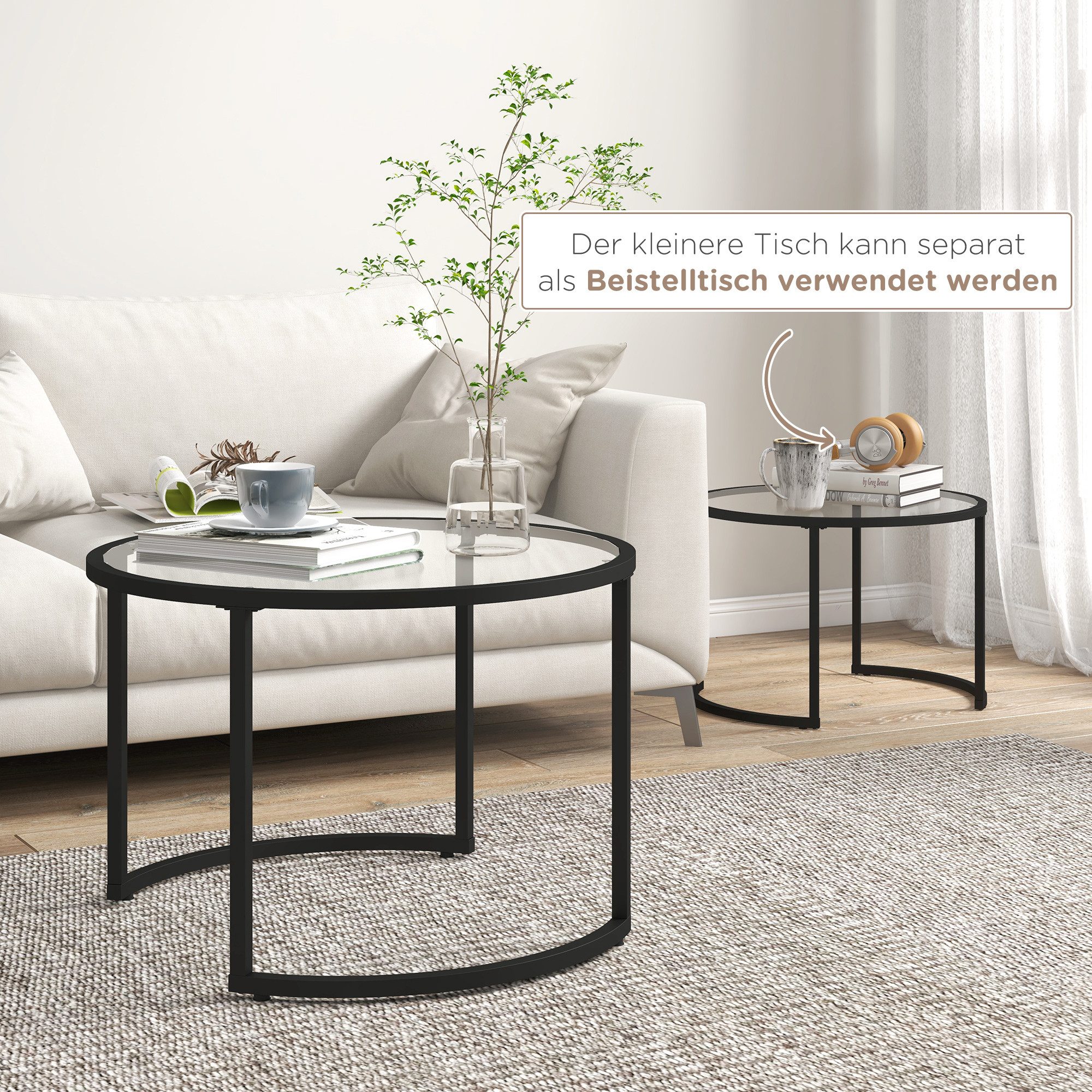 HOMCOM Couchtisch rund Beistelltisch Hartglas-Tischplatte, teilweise stapelbar (Kaffeetisch, 2-St., Sofatisch), für Wohnzimmer, Schlafzimmer Schwarz – Bild 5 von 5