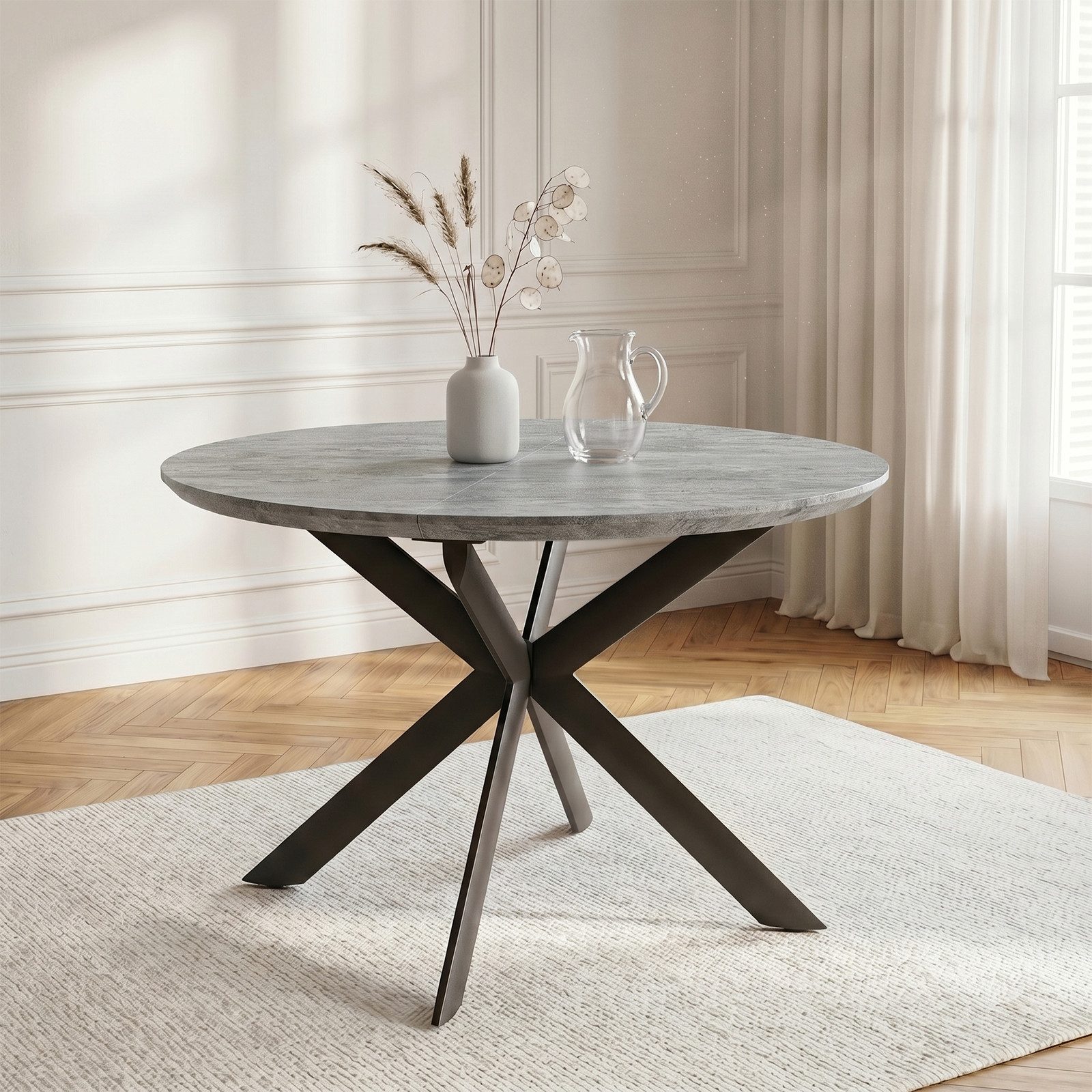 Jiexi Esstisch Esstisch ausziehbar rund bis oval MDF-Platte mit X-Metallgestell