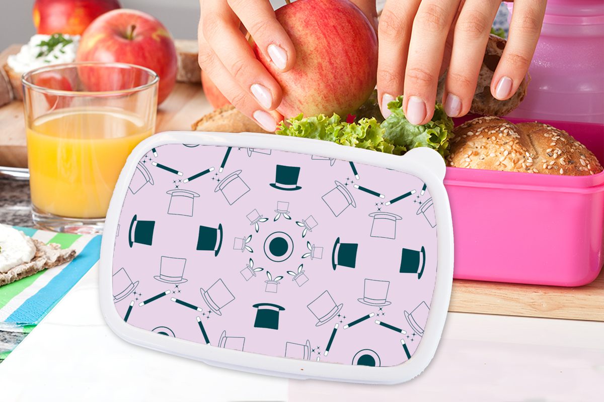 MuchoWow Lunchbox Brotdose Zauberer Brotbox für Kinder, Mädchen, Kaninchen, Erwachsene, - - (2-tlg), Kunststoff rosa Muster Kunststoff, Snackbox