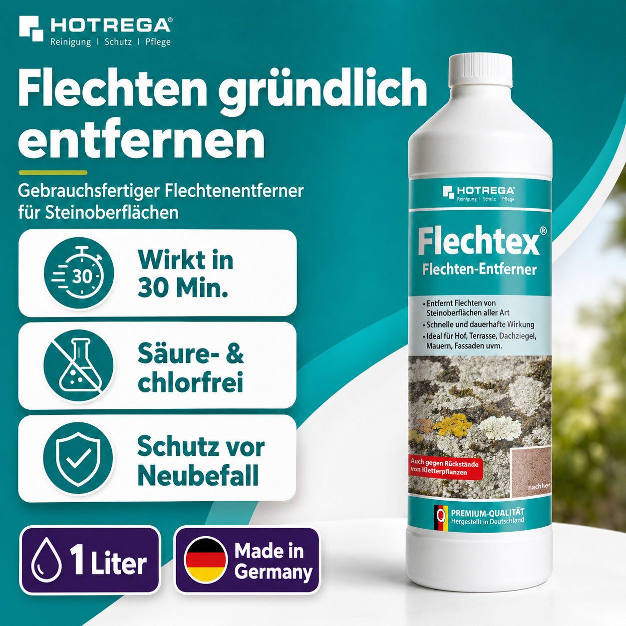 HOTREGA® Flechtex Flechten Entferner Steinreiniger Flechtenentferner Algen 1L Grünbelagentferner