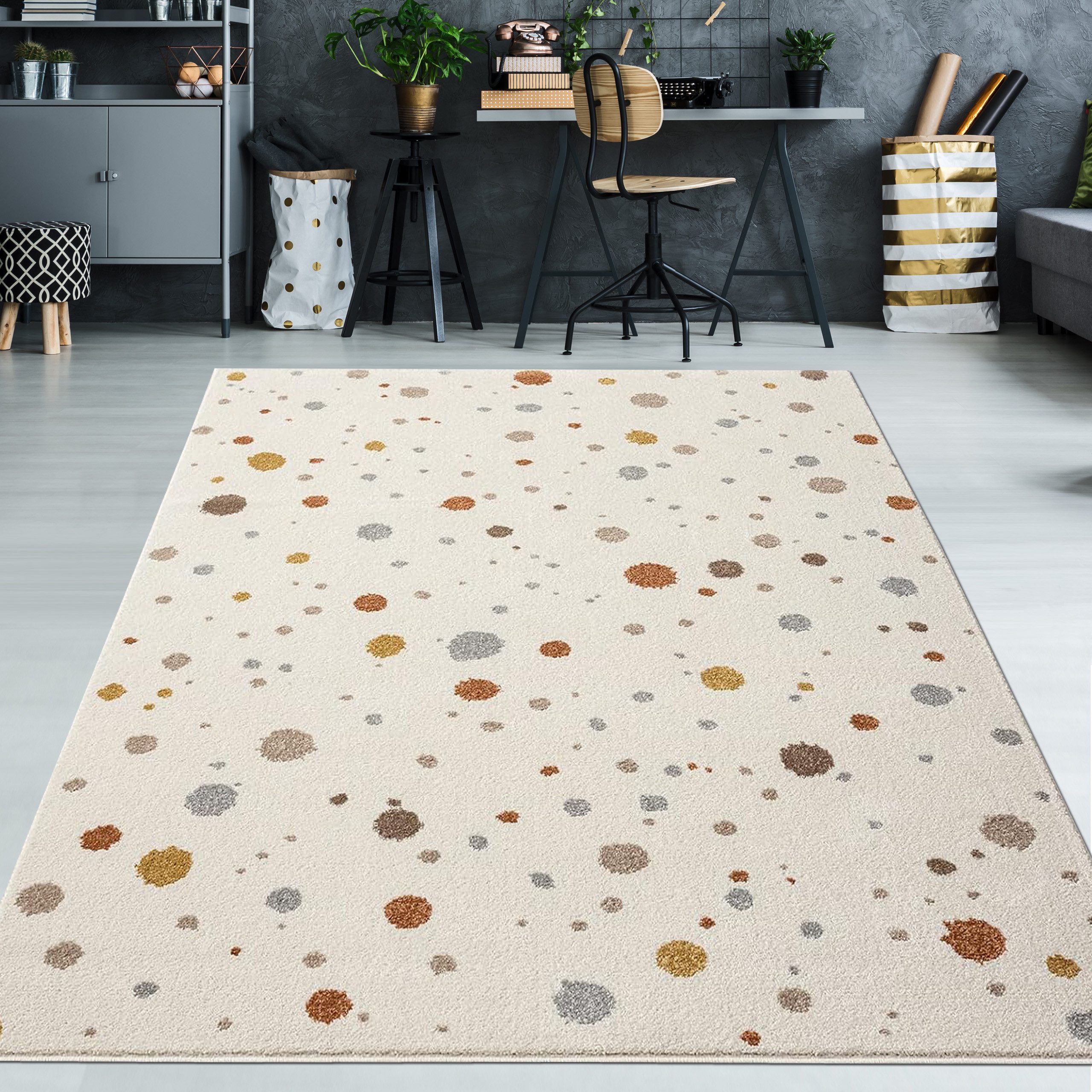 TeppichHome24 Kinderteppich Cremefarbener Teppich mit Farbklecksen in Braun- und Grautönen, rund