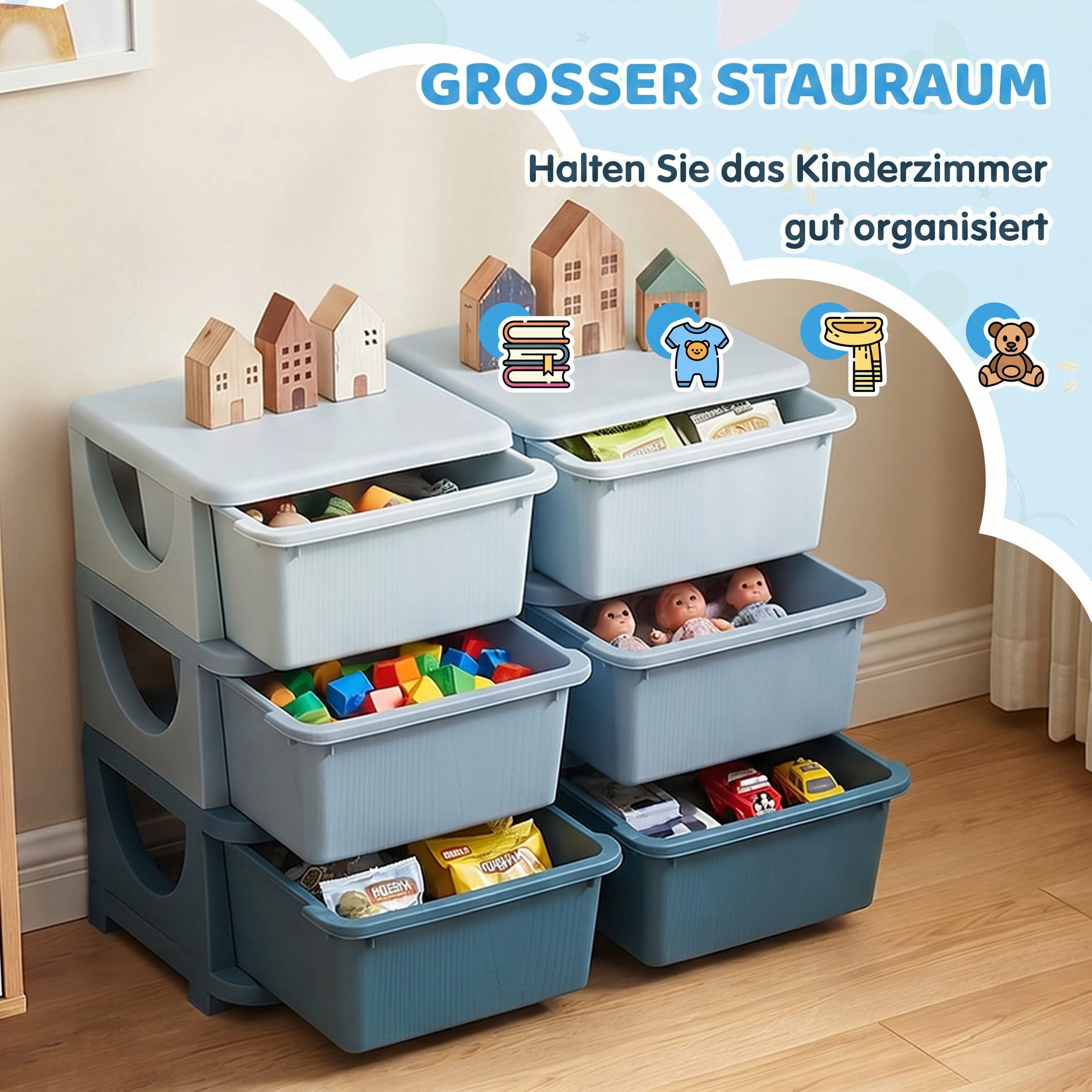 HOMCOM Spielzeugtruhe Schubladenschrank, Spielzeug-Organizer, sechs Ebenen, 3-6 Jahre (Spielzeugkiste, 1 St., Aufbewahrungsbox), für Kinderzimmer, Blau – Bild 4 von 5
