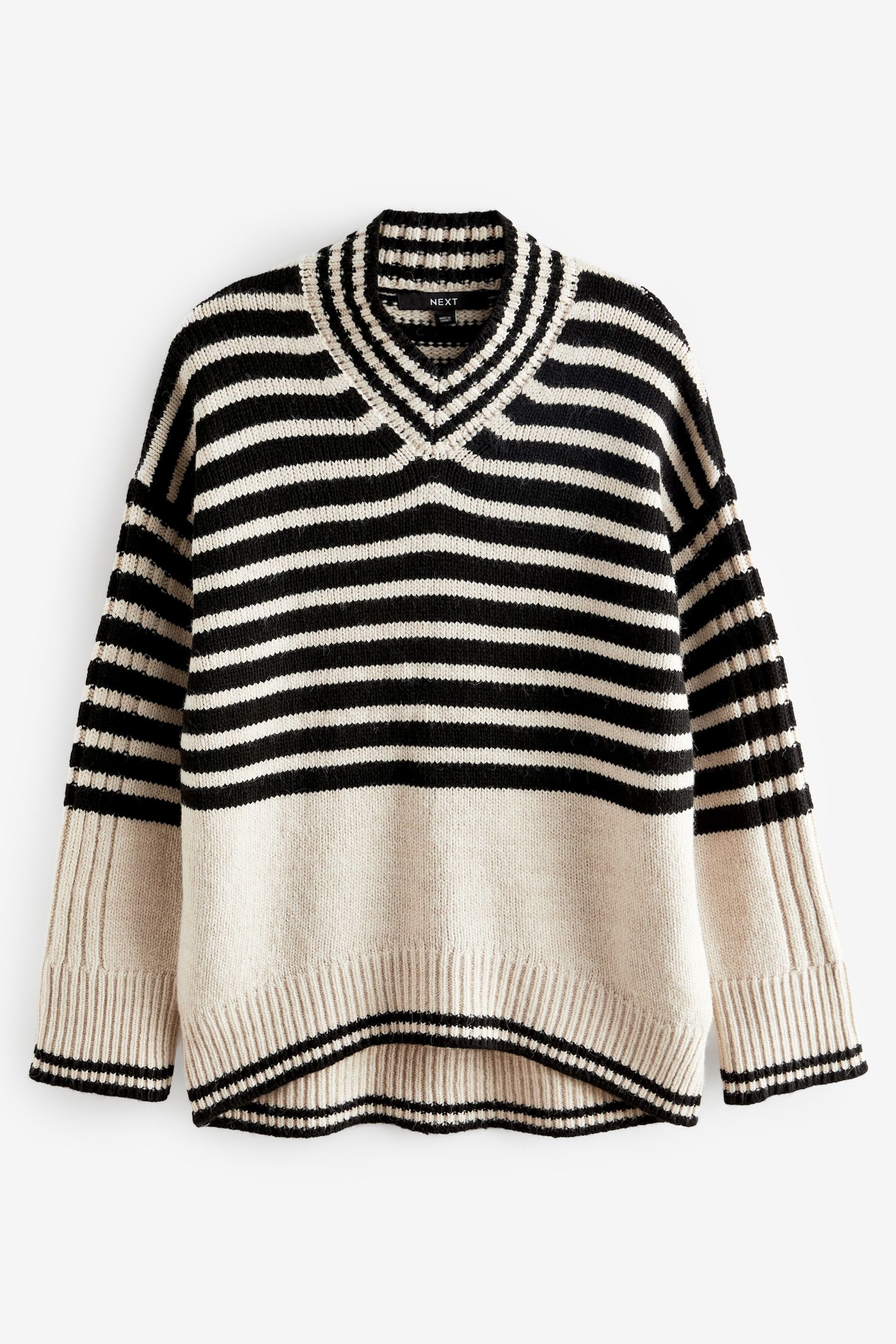 Pullover V-Ausschnitt Next (1-tlg) mit Cream Stripe and Black Ecru hohem V-Ausschnitt-Pullover