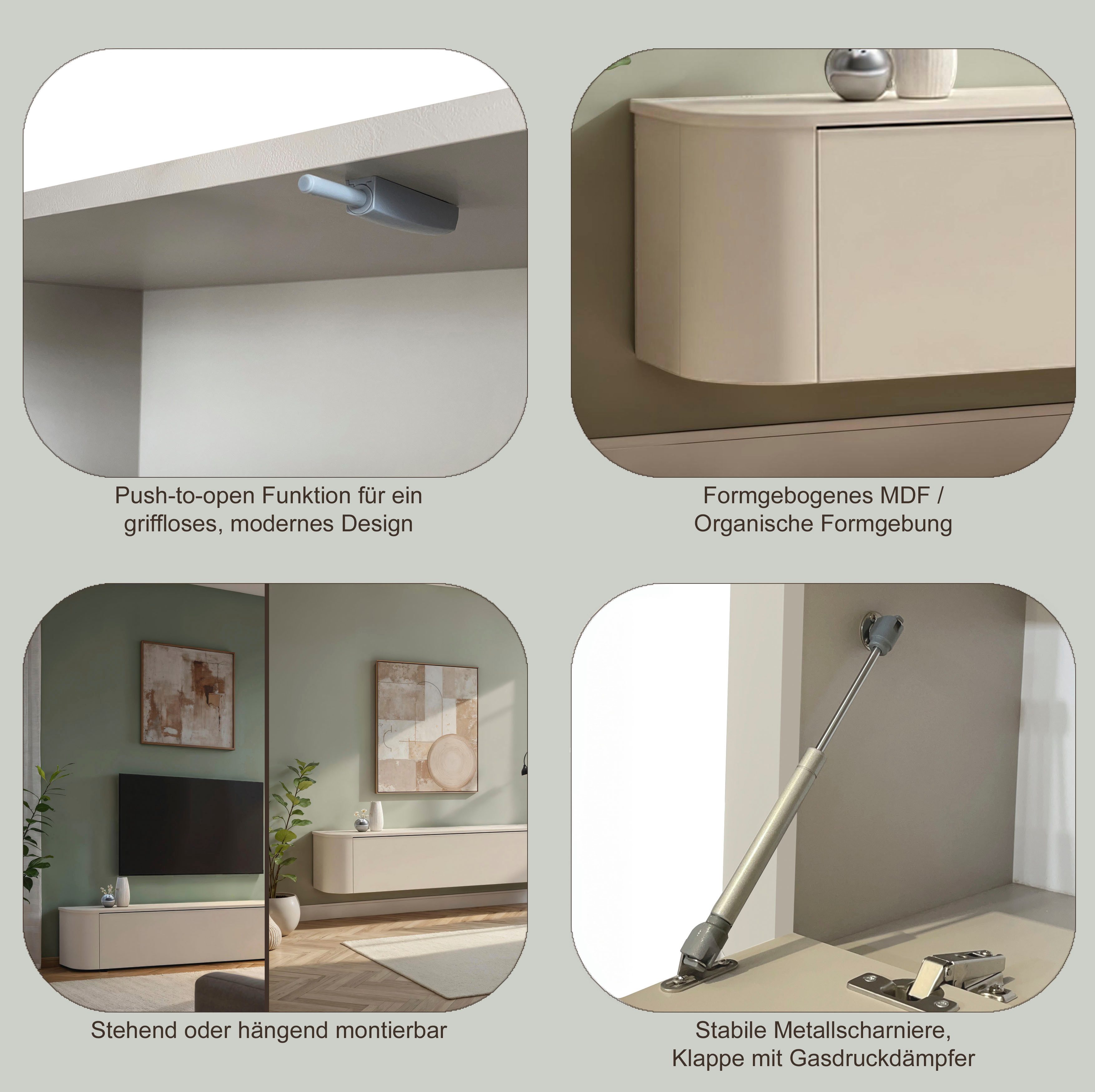 OTTO home Lowboard Lido, 181 cm breit, 1 Klappe, TV-Schrank, TV-Kommode, Medienboard, Formgebogenes MDF, Stirnseiten Rundung, Push-to-open, hängend/stehend