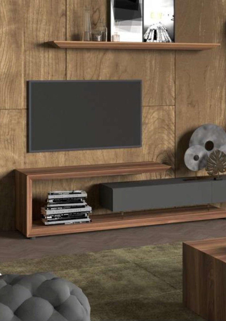 Xlmoebel Wohnwand Wandschrank Walnuss natur mit anthrazit mattem Finish, Made in Europa