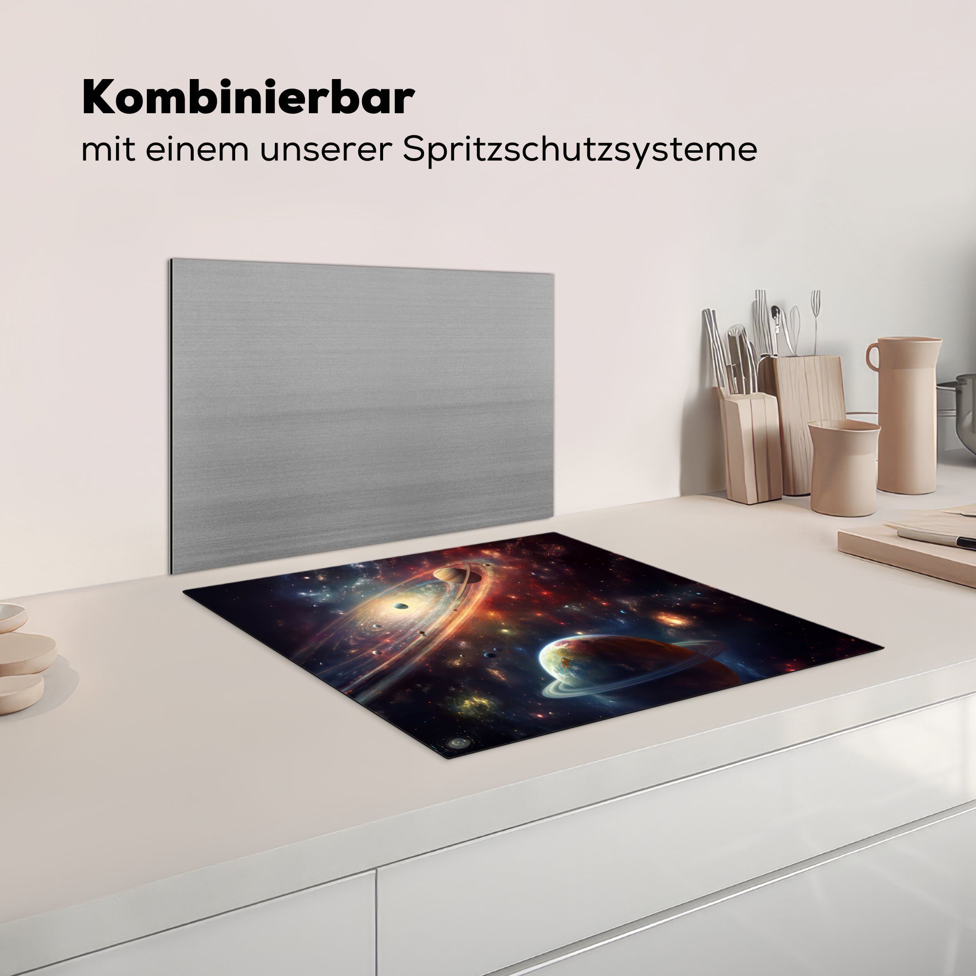 Arbeitsfläche Neon Mobile tlg), Herdblende-/Abdeckplatte Planeten - nutzbar, (1 Weltraum - Vinyl, Sterne, Ceranfeldabdeckung MuchoWow cm, 60x52 -