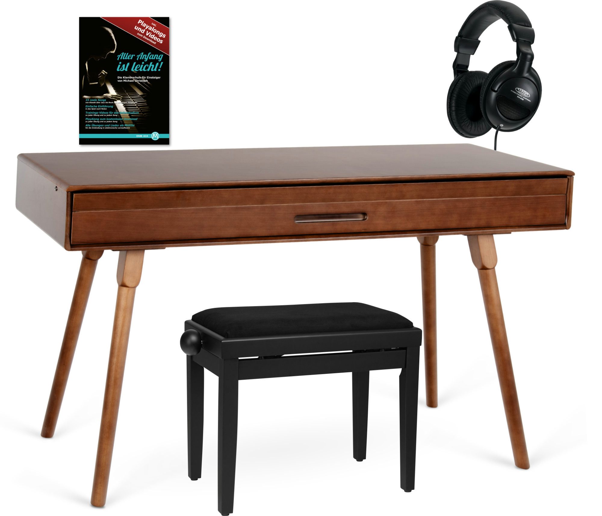 Classic Cantabile Digitalpiano DP-730 WN Walnuss Deluxe Set (Set, inklusive Kopfhörer, Klavierbank und Klavierschule), Tisch mit eingebautem Digitalpiano 88 Tasten mit Hammermechanik