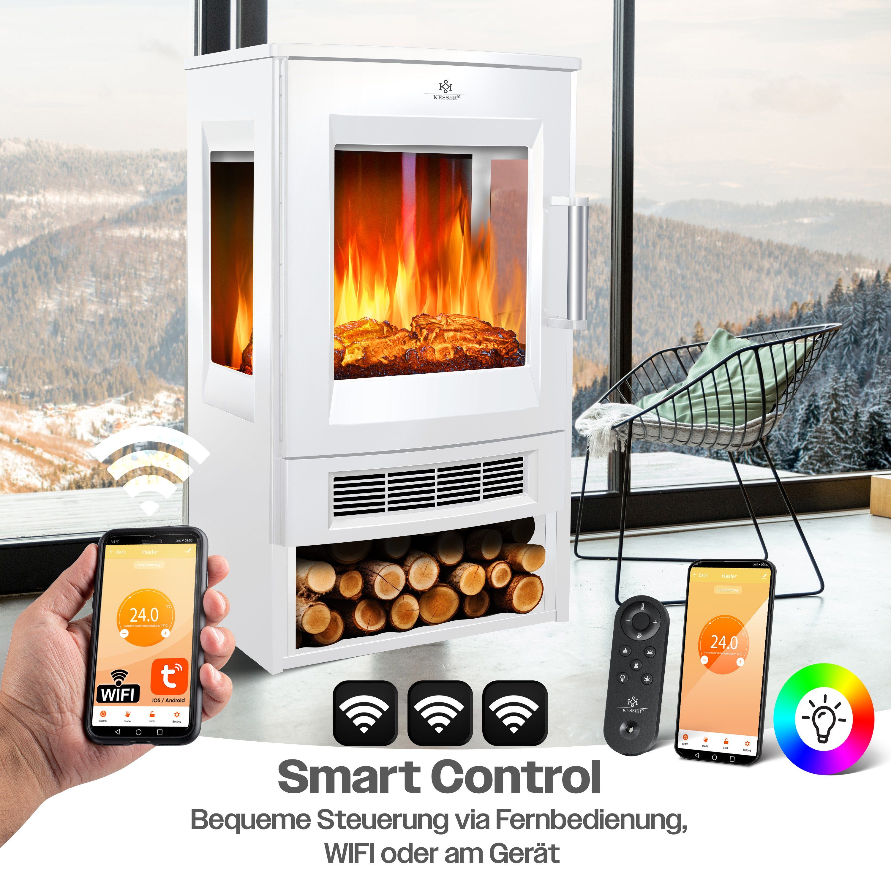 KESSER Elektrokamin, mit Heizung Panorama-Sichtfenster Heizlüfter 9 LED-Flammeneffekt