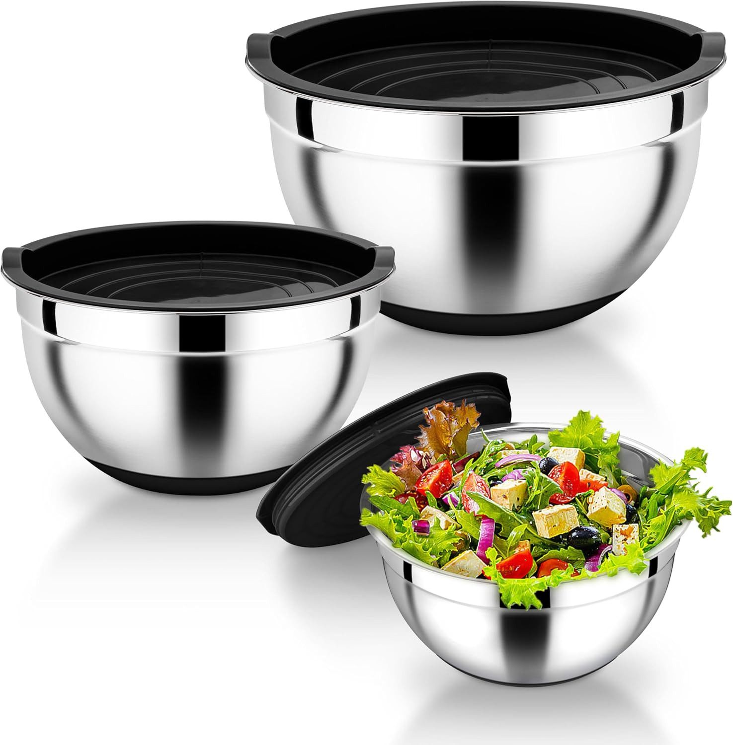 PFCTART Rührschüssel Schüssel Set mit Deckel - Salatschüssel & Edelstahl Schüssel, Edelstahl (Schüsseln), Kunststoff (Deckel), (Rostfrei, leicht zu reinigen - Vielseitig für Vorrat & Zubereitung, 3-tlg), stapelbar & rutschfest – 16/22/26 cm Schüssel Set K