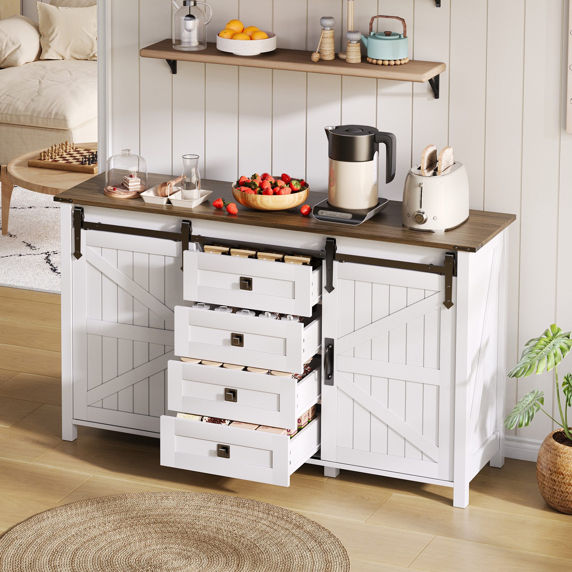 Flieks Kommode mit 4 Schubladen und Schiebetüren Weiß (B137/T40/H81,5 cm, 1 St., Schrank für Wohnzimmer, Esszimmer und Schlafzimmer), Schiebetüren Mehrzweckschrank Küchenschrank Holzschrank weiß
