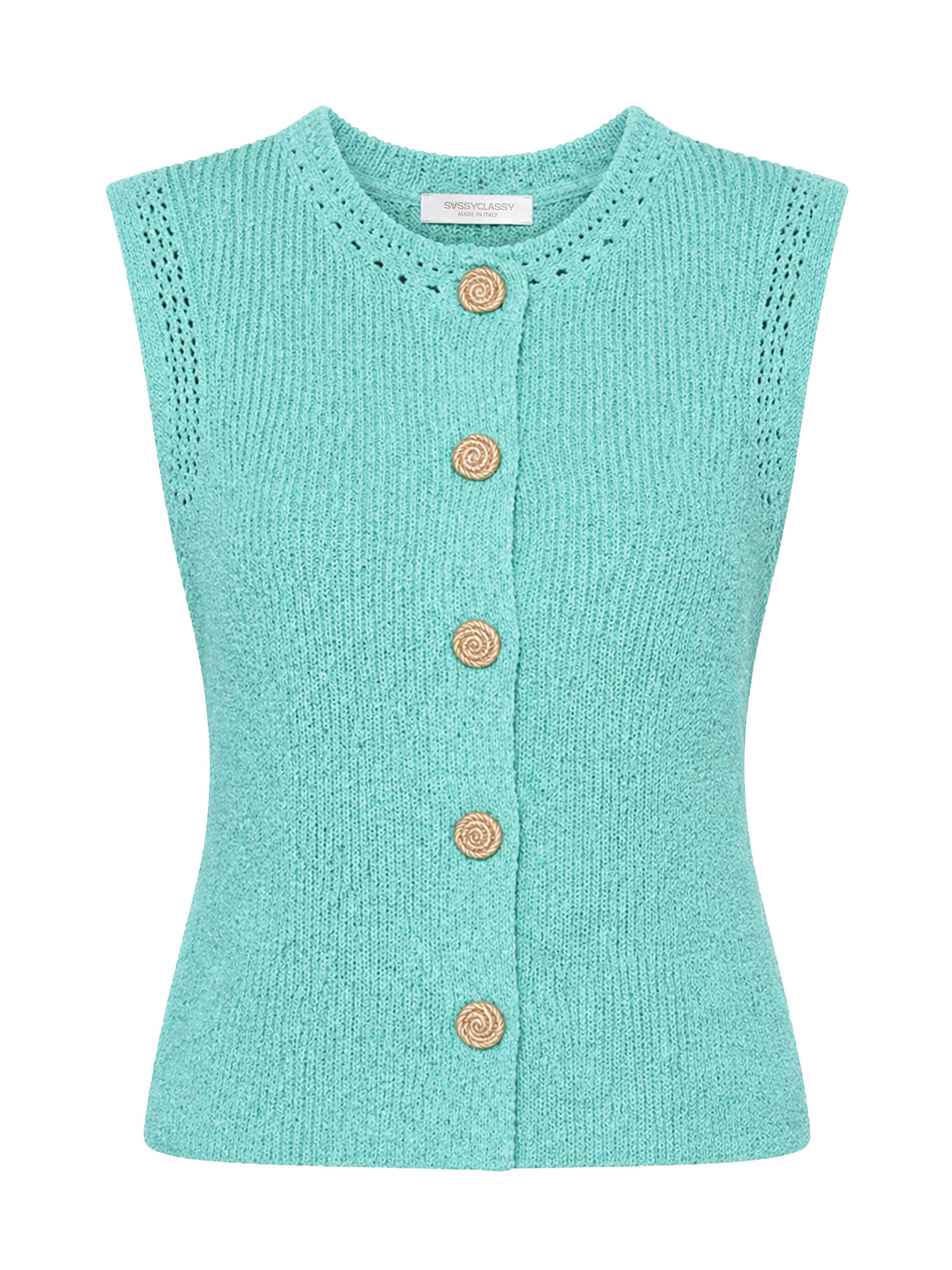 SASSYCLASSY Stricktop Strick Top mit Muschelknöpfen für Damen Ärmelloses Top mit Rundhalsausschnitt und Lochstrick Details – Bild 2 von 5