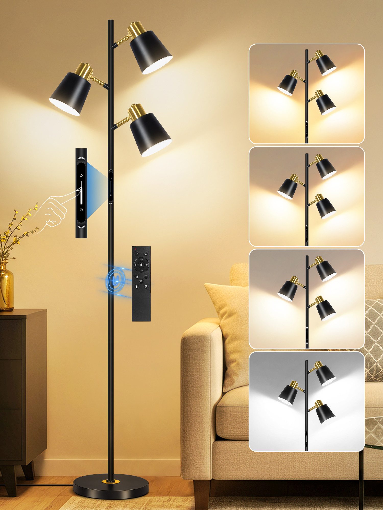 OUTON Stehlampe Dimmbare Stehlampe mit 3 Köpfen, Touch & Fernbedienung, 3000-6500K, LED wechselbar, 2.5kg Basis, schwarz