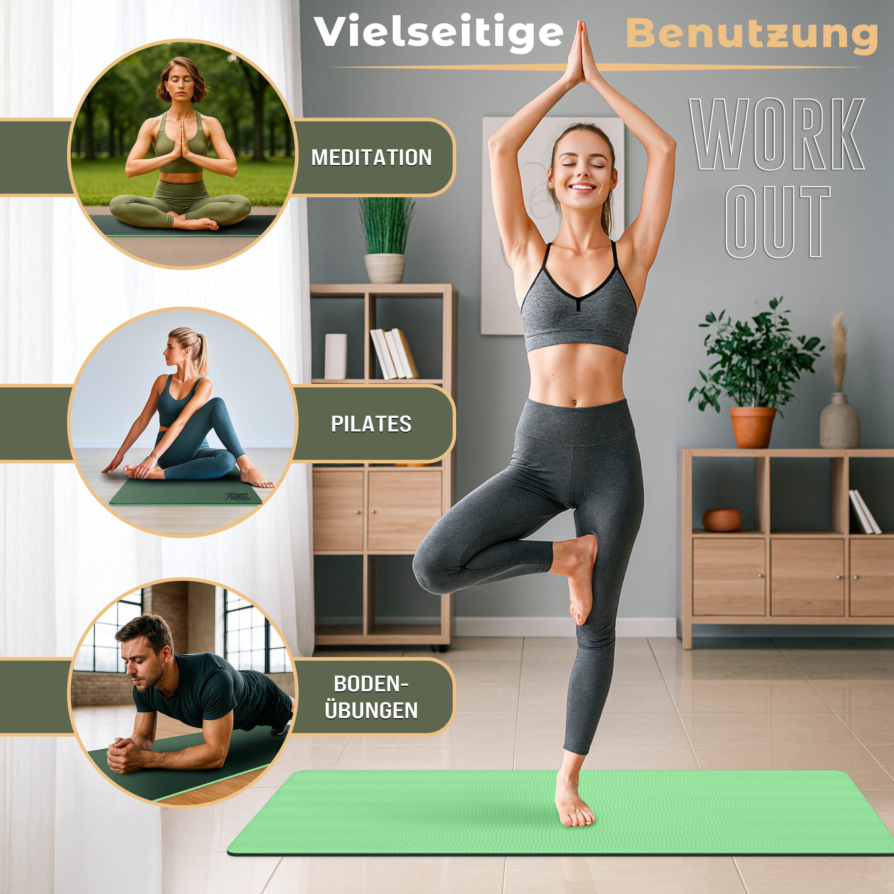 RE:SPORT Gymnastikmatte 183 x 61 x 0,6 cm mit Tragetasche Yogamatte TPE Fitnessmatte (rutschfest), Trainingsmatte mit Tragegurt Fitness Gymnastik Pilates Workou – Bild 5 von 5