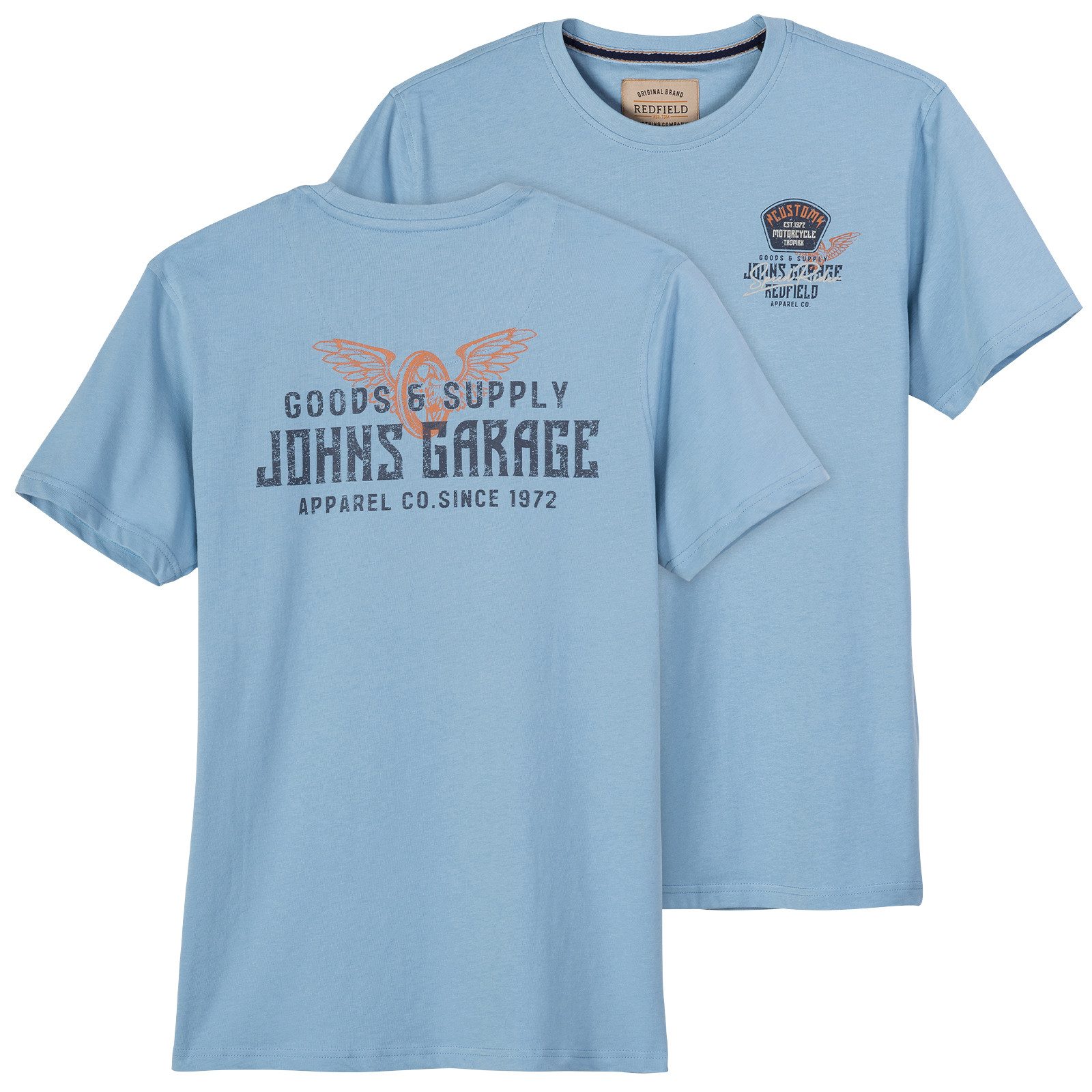redfield Print-Shirt Redfield XXL T-Shirt Rückenprint hellblau Garage