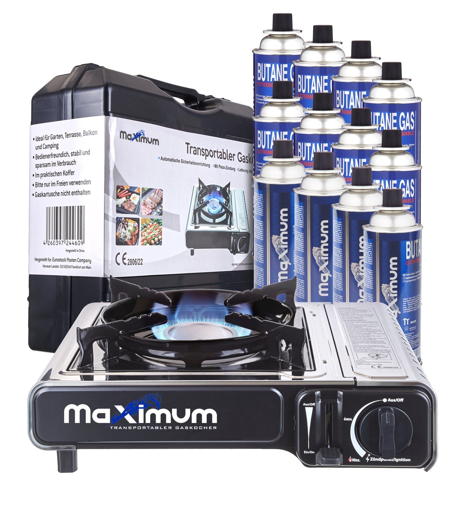 MaXimum Camping-Gasgrill Edelstahl Set - Perfektes für Outdoor-Enthusiasten & Campingliebhaber!, Kombi-Set, Edelstahl Kocher, MaXimum Gaskartuschen