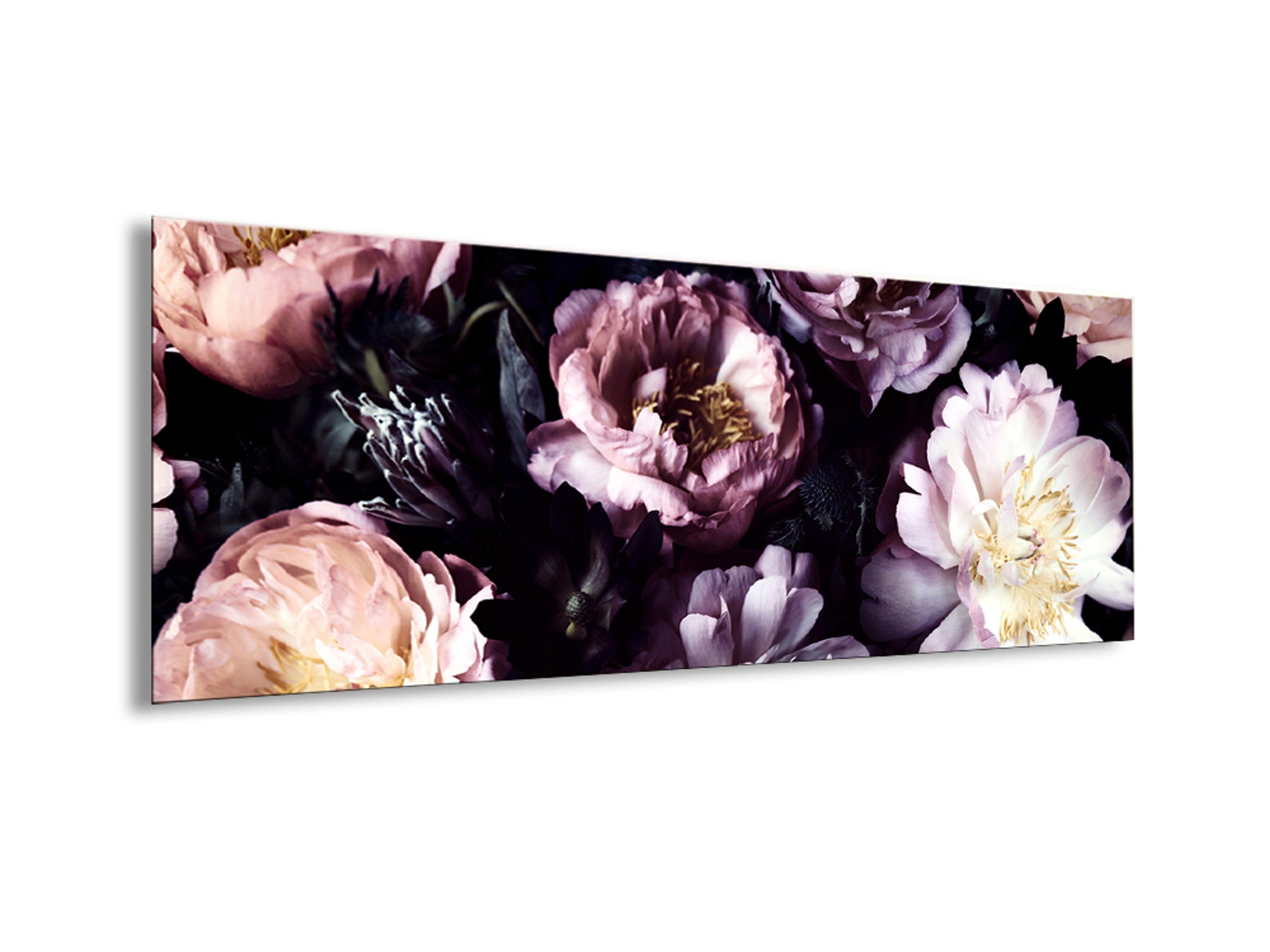 Blüten: Hintergrund 80x30cm Glasbild Blumen lila aus violett, Glasbild auf Retro-Blumen schwarzem Vintage Blumen Wohnzimmer Bild artissimo Glas und