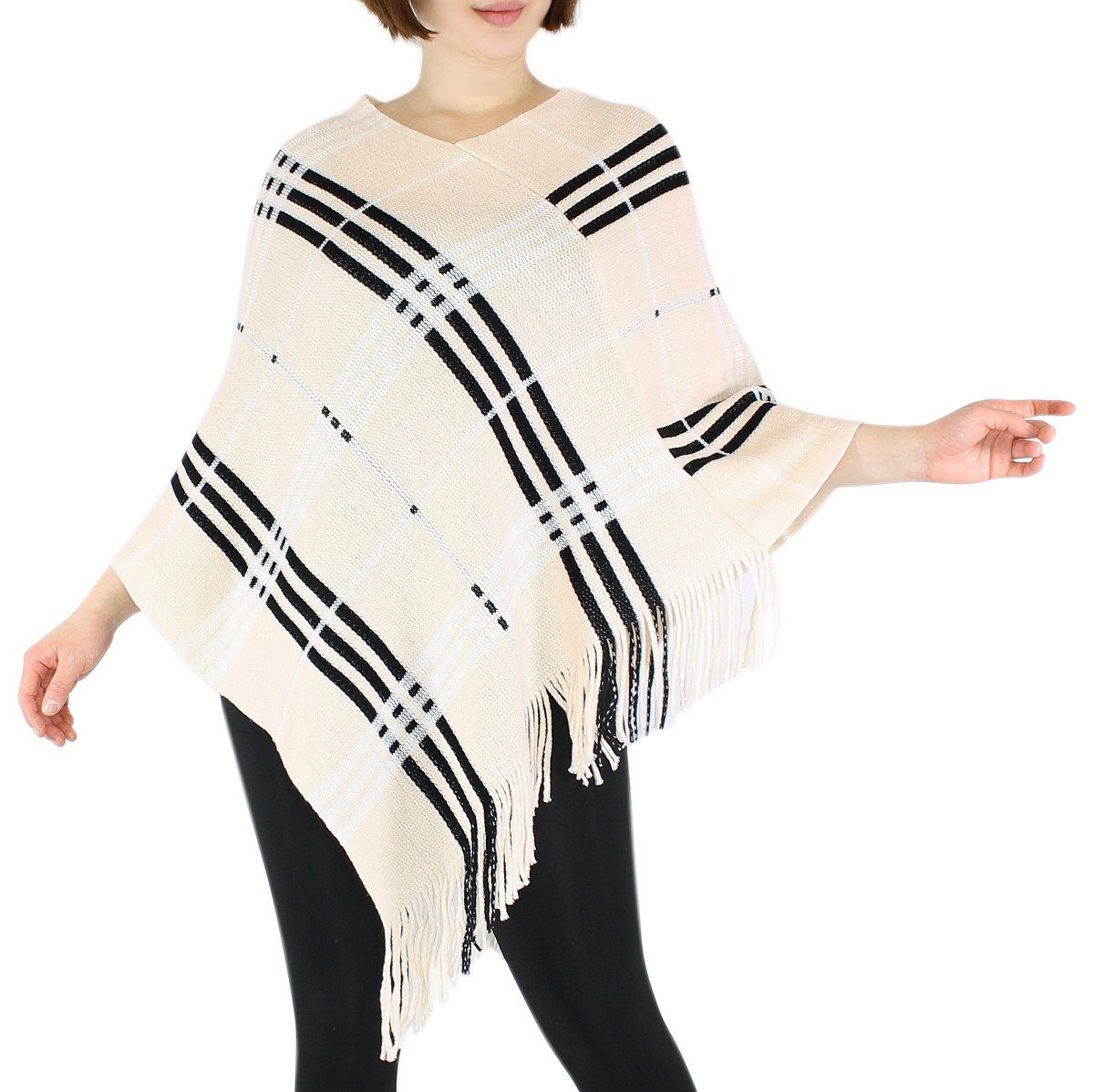 dy_mode Strickponcho Damen Strick Poncho Kariert Fransenponcho Überwurf Cape Pullover in Karo Muster, mit Fransen