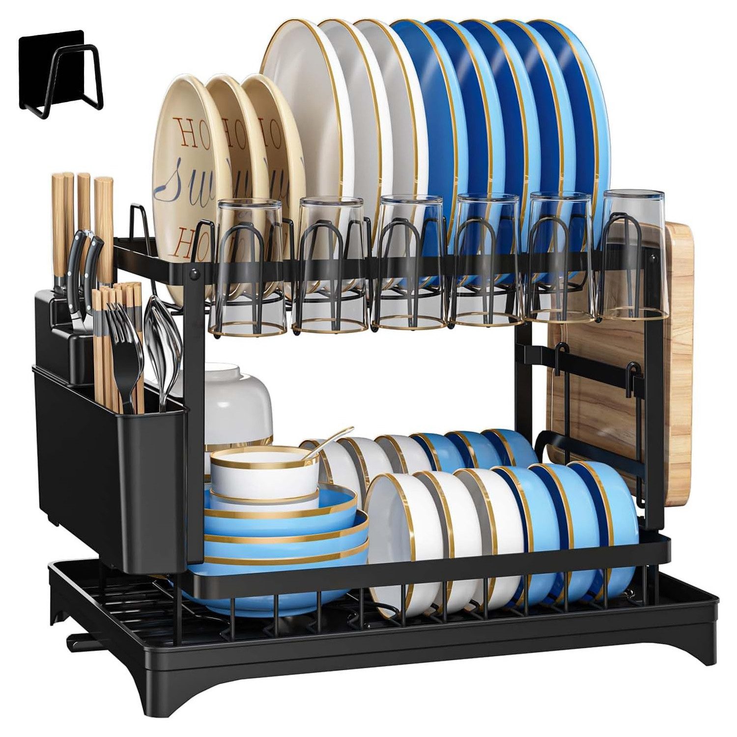 OKWISH Geschirrständer 2-stufiges Geschirrabtropfer Geschirr Trockenständer, Zubehör für Kitchen, Aufbewahrung Abtropfgestell mit Getränkehalter 42×30×29 cm