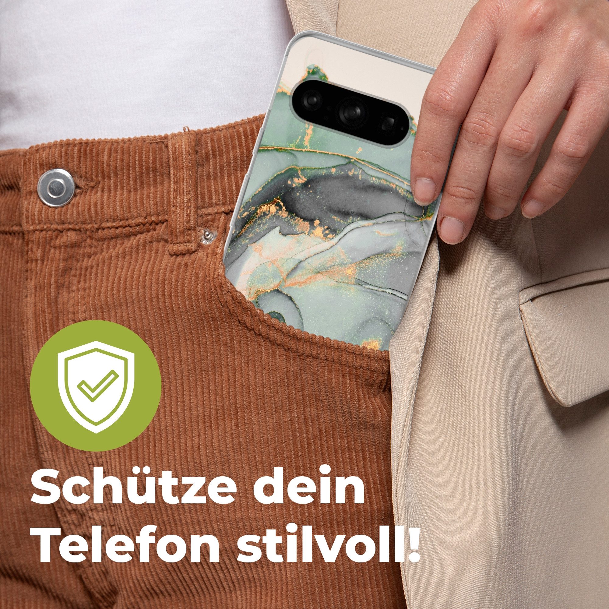 MuchoWow Handyhülle für Google Pixel 8 Pro Gold - Marmor - Grün - Luxus - Glitzer - Marmor, Phone Case, Silikon, Schutzhülle Dünn