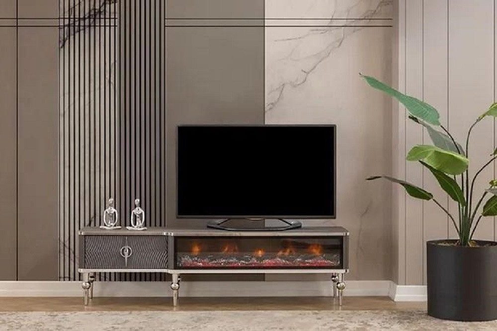 Lowboard TV-Sideboard Kamin aus Metall und Holz in Weiß