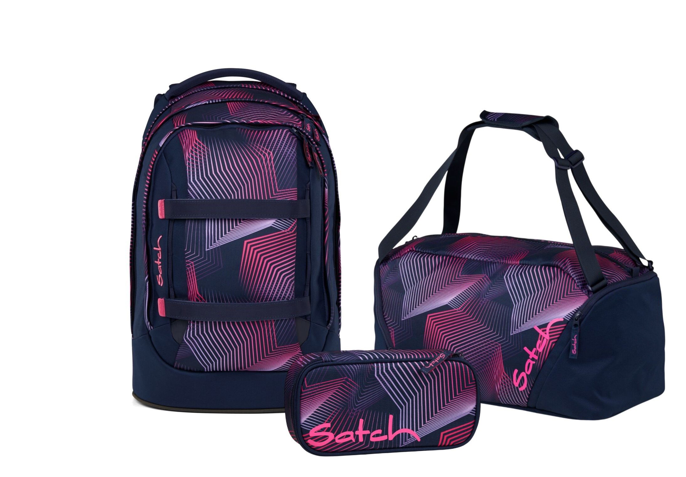 Satch Schulranzen Schulrucksack-Set PACK Seismic Pink 3-teilig (3-teilig), ergonomisch, Your-Size-System: auf Körpergröße anpassbar