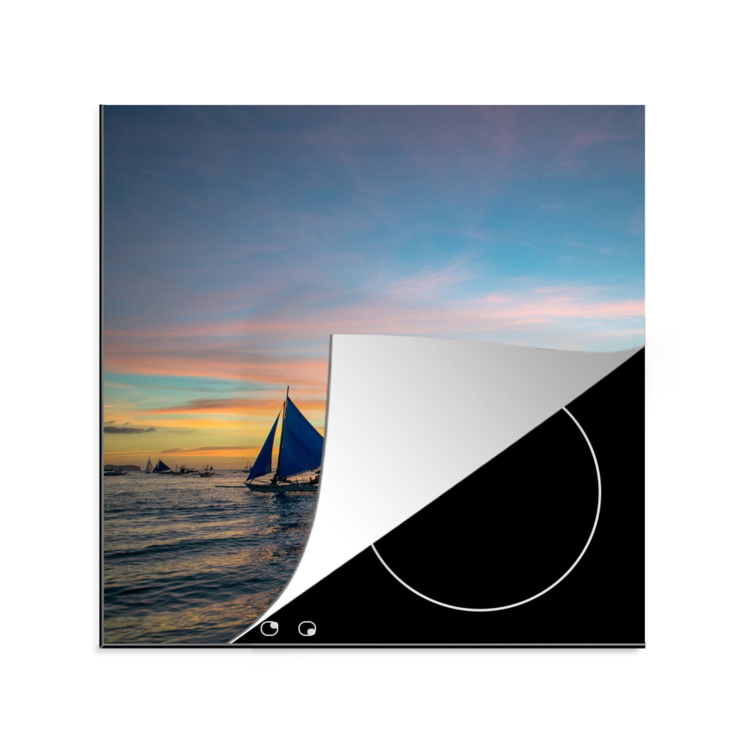 MuchoWow Herdblende-/Abdeckplatte Sonnenuntergang mit Segelbooten auf dem Wasser von Boracay, Vinyl, (1 tlg), 78x78 cm, Ceranfeldabdeckung, Arbeitsplatte für küche